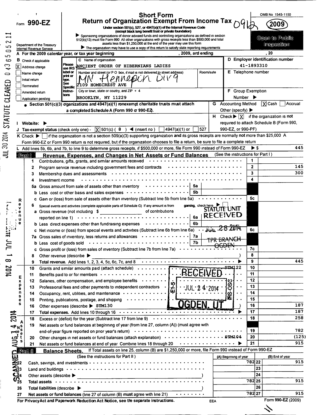 Image of first page of 2009 Form 990EO for Ancient Order of Hibernians Ladies