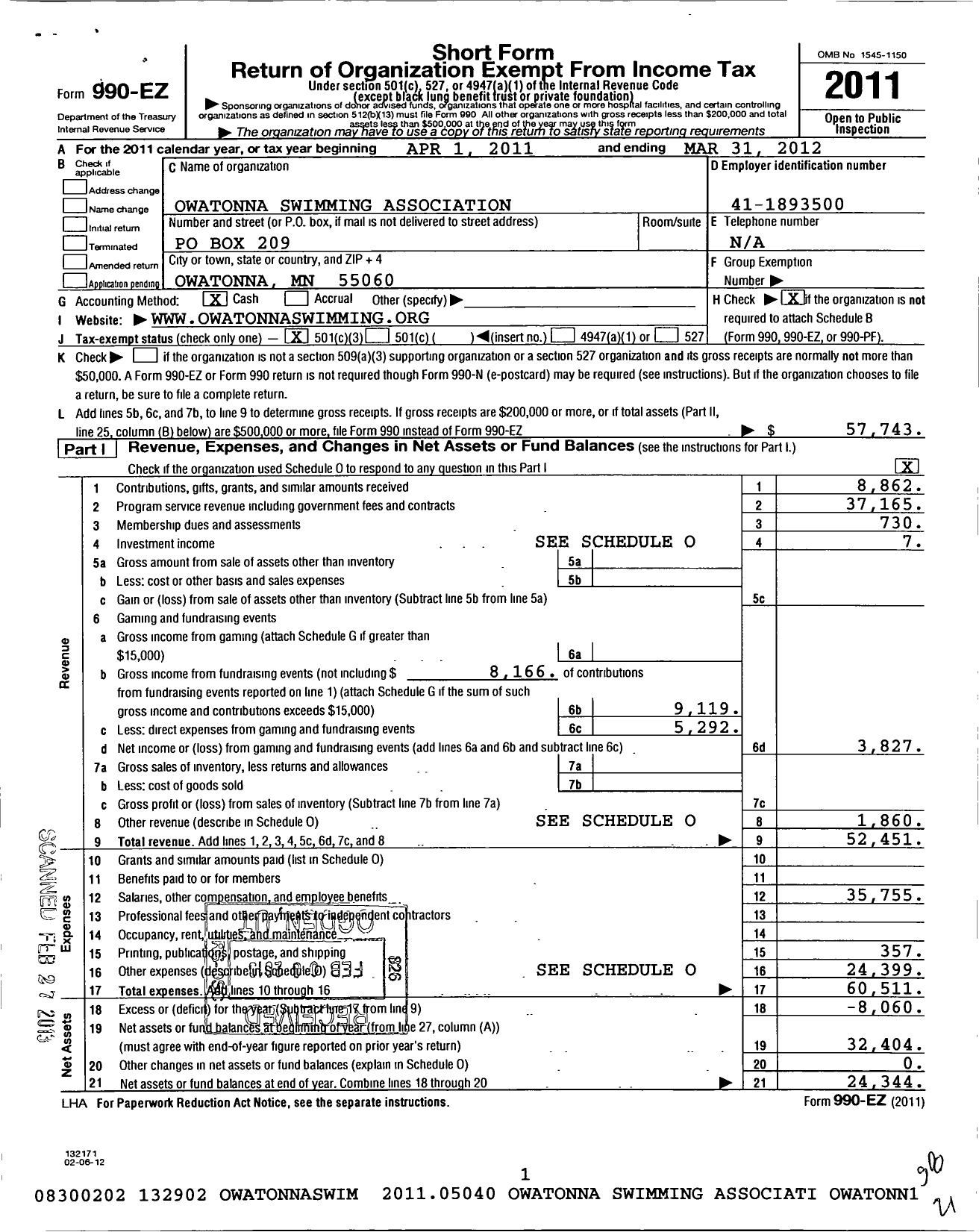 Image of first page of 2011 Form 990EZ for Owatonna Swimming Association