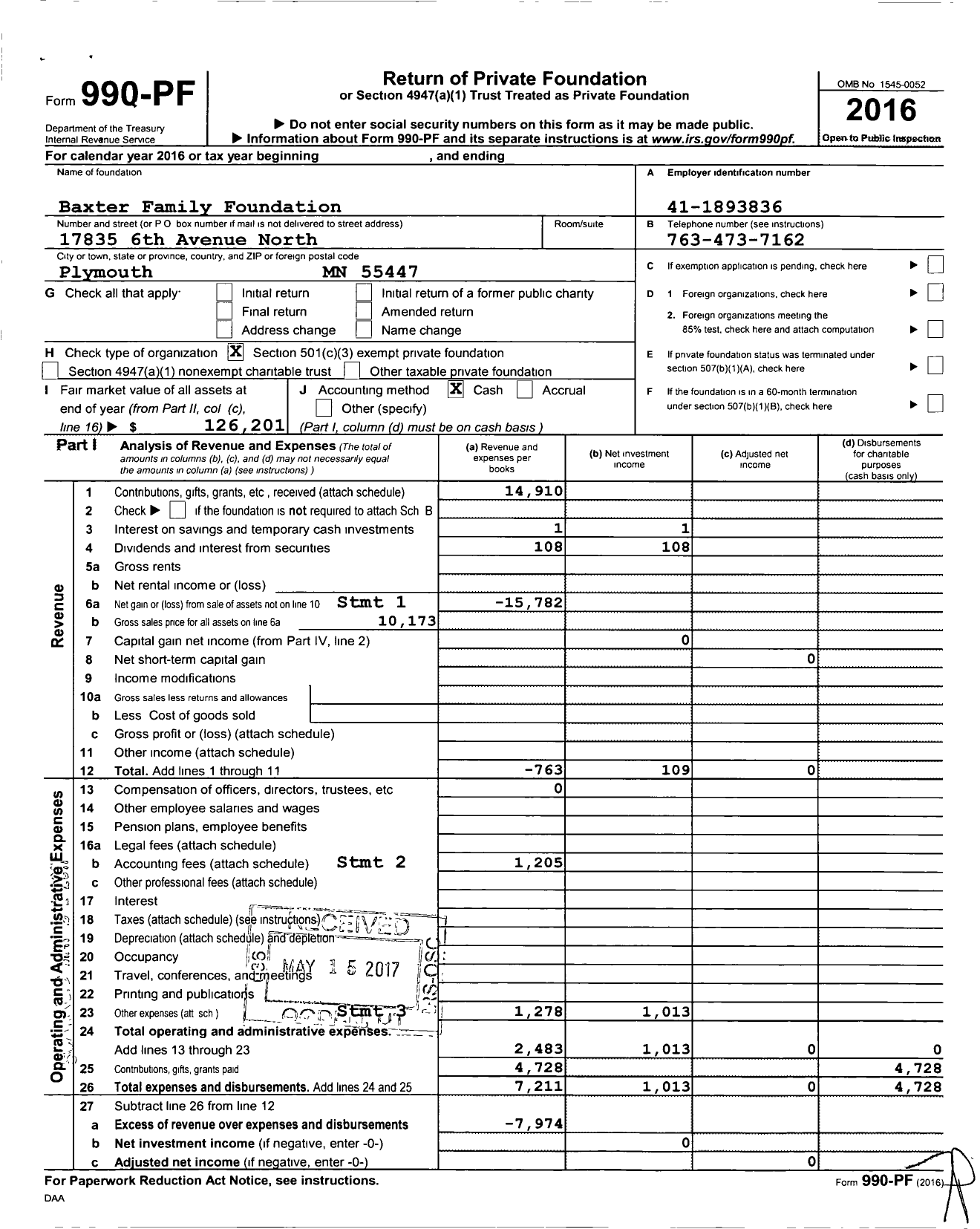 Image of first page of 2016 Form 990PF for Baxter Family Foundation