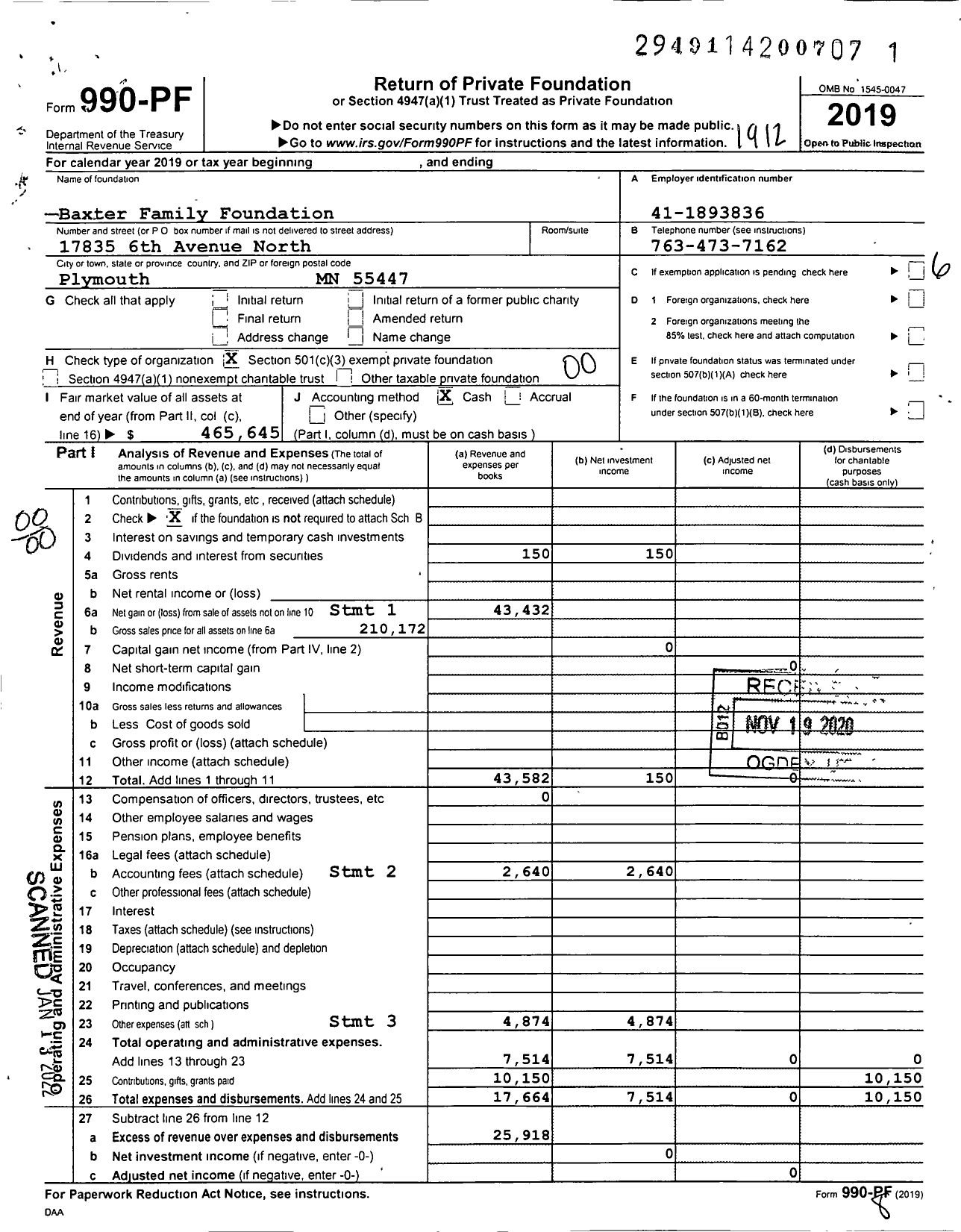 Image of first page of 2019 Form 990PF for Baxter Family Foundation