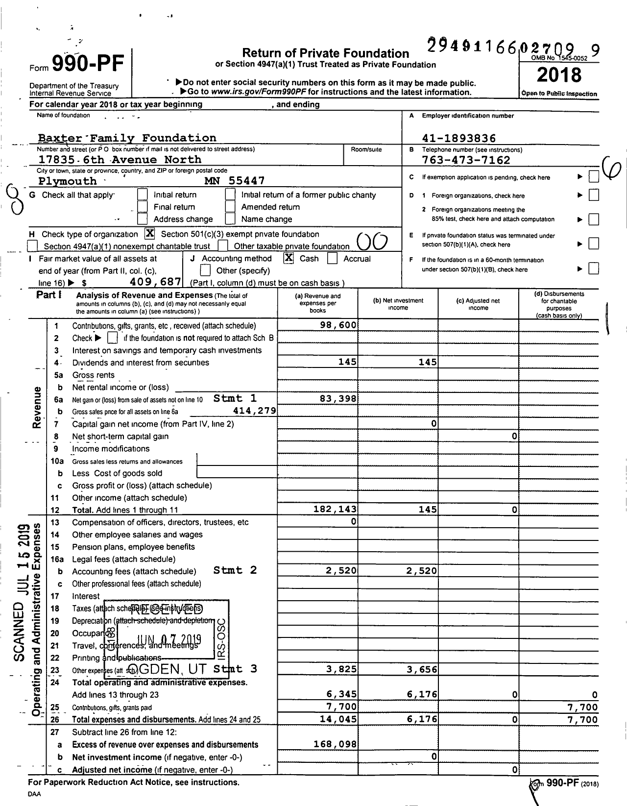 Image of first page of 2018 Form 990PF for Baxter Family Foundation