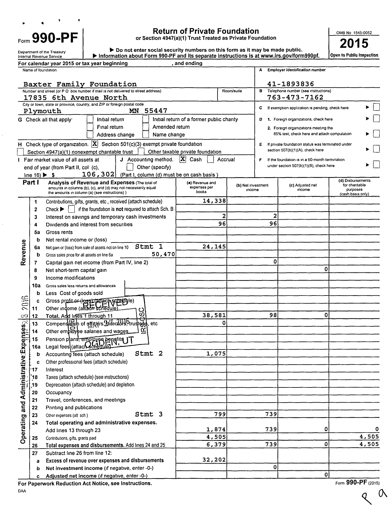 Image of first page of 2015 Form 990PF for Baxter Family Foundation