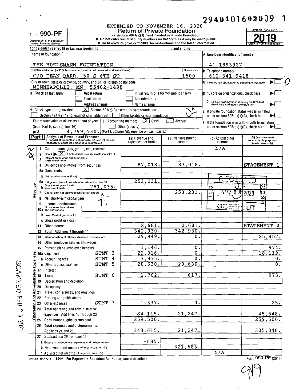 Image of first page of 2019 Form 990PF for The Huelsmann Foundation