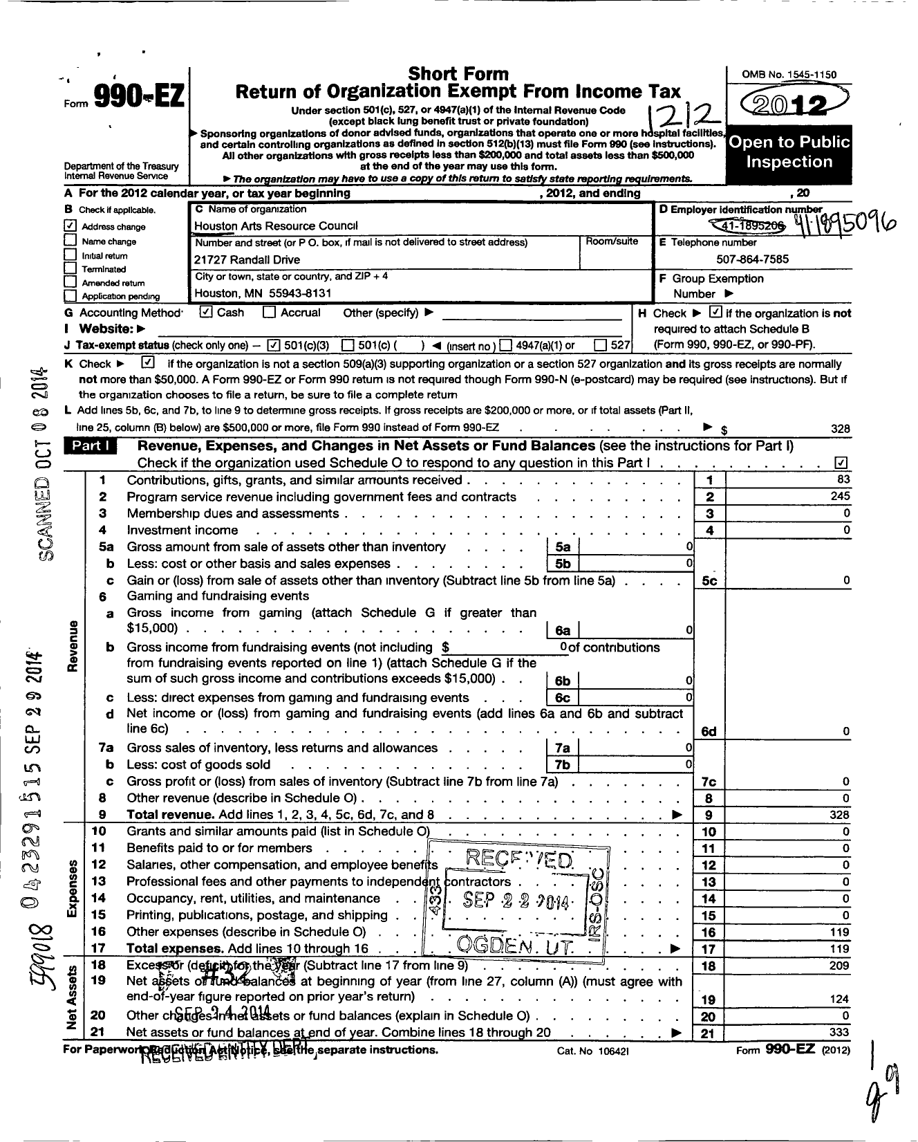 Image of first page of 2012 Form 990EZ for Houston Arts Resource Council