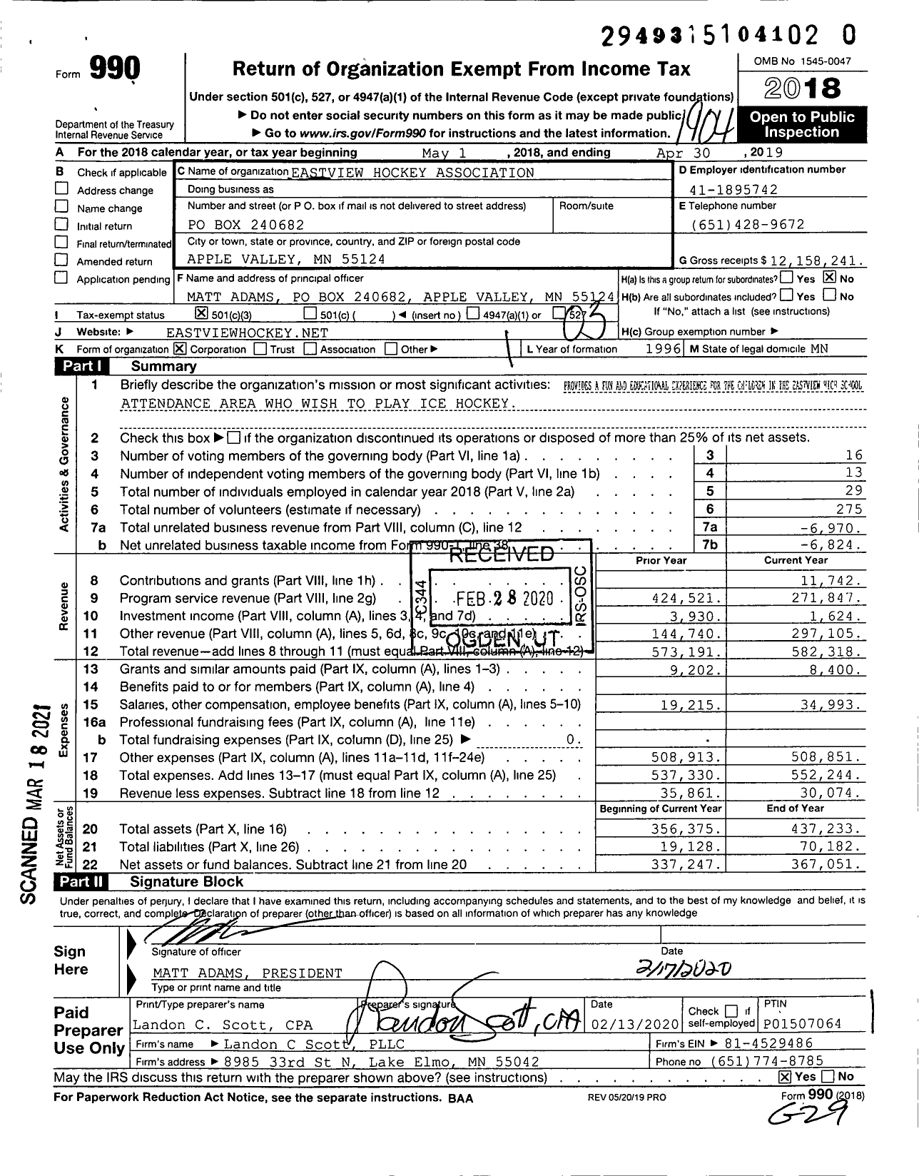 Image of first page of 2018 Form 990 for Eastview Hockey Association