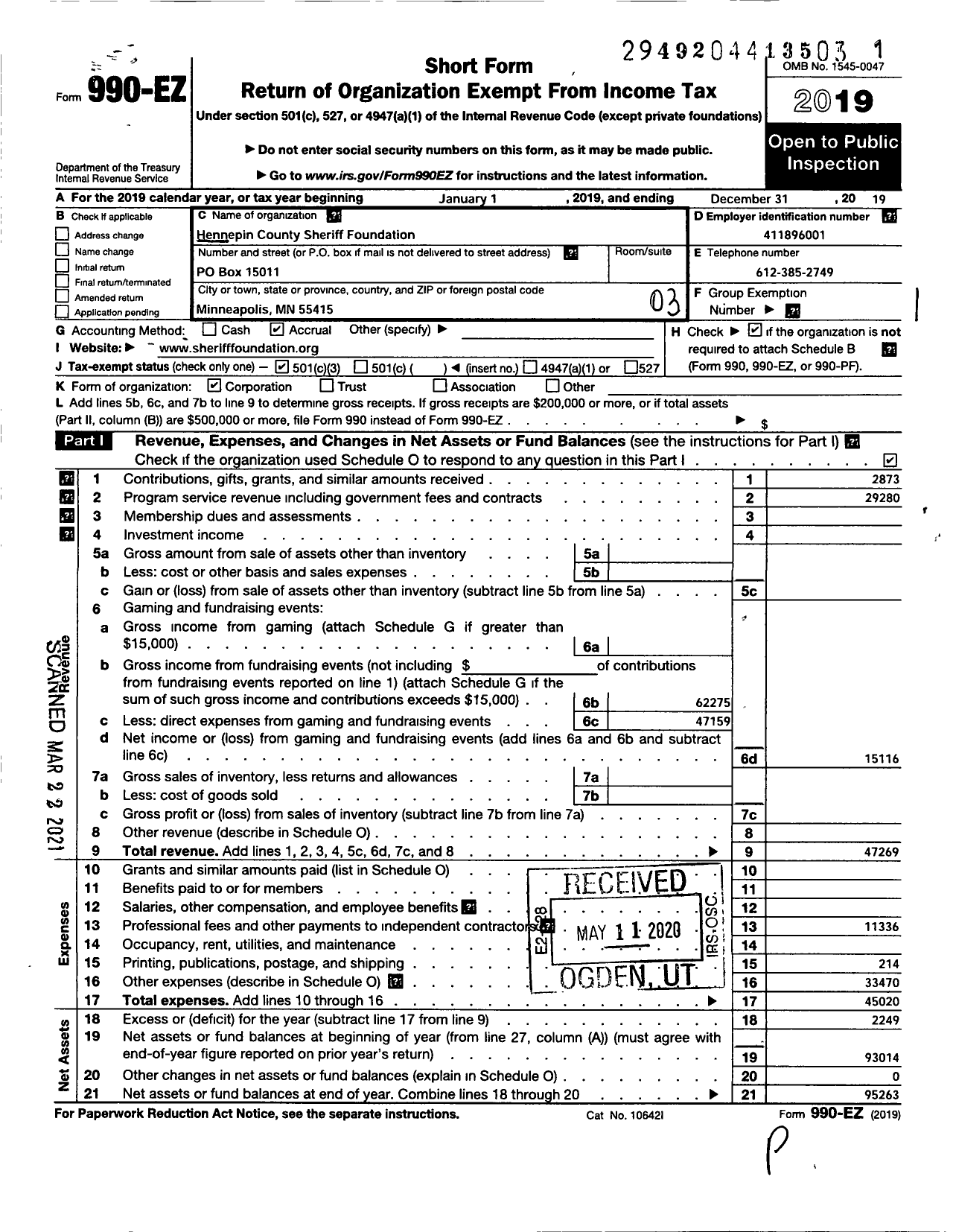 Image of first page of 2019 Form 990EZ for Hennepin County Sheriff Foundation