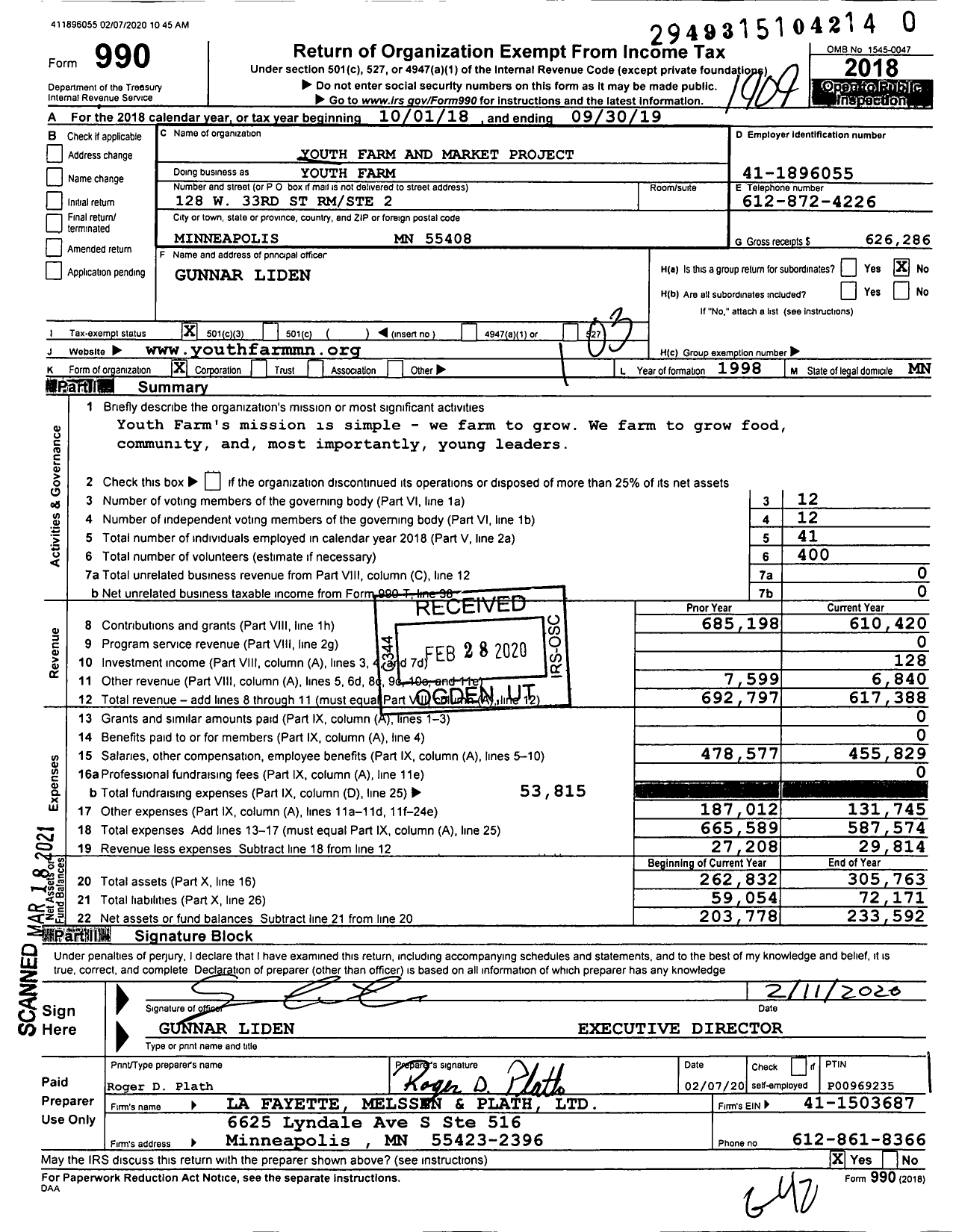 Image of first page of 2018 Form 990 for Youth Farm