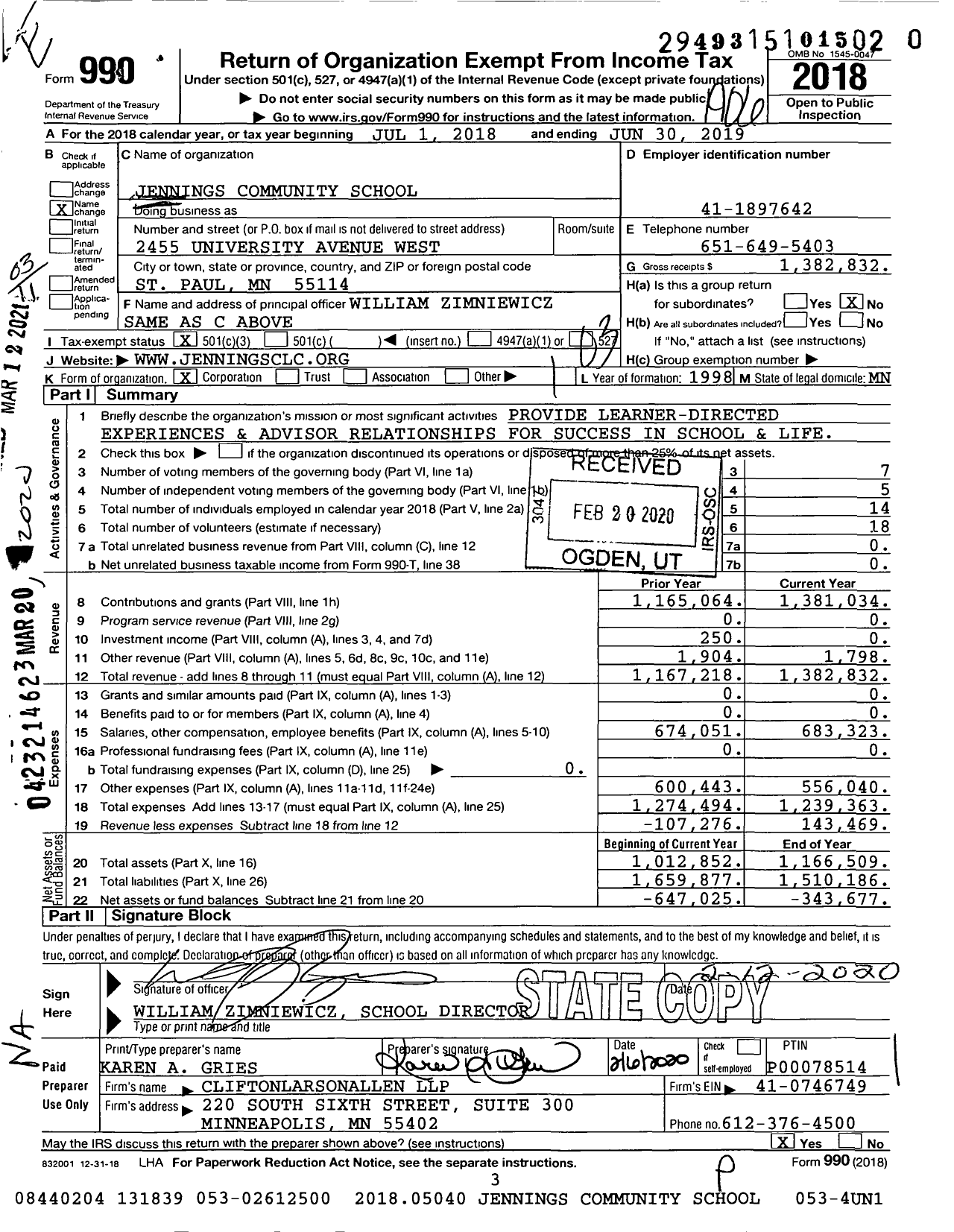 Image of first page of 2018 Form 990 for Jennings Community School