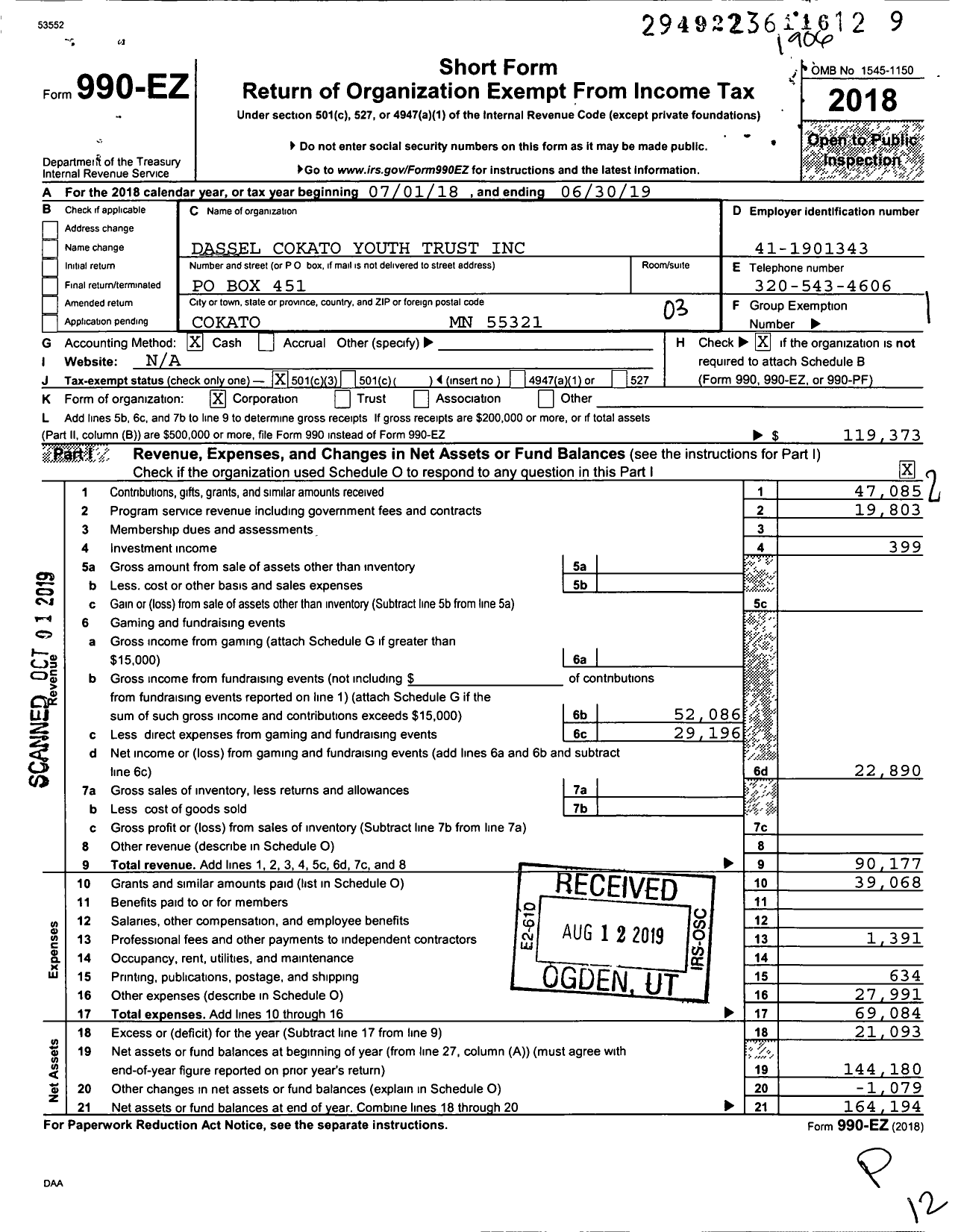 Image of first page of 2018 Form 990EZ for Dassel Cokato Youth Trust