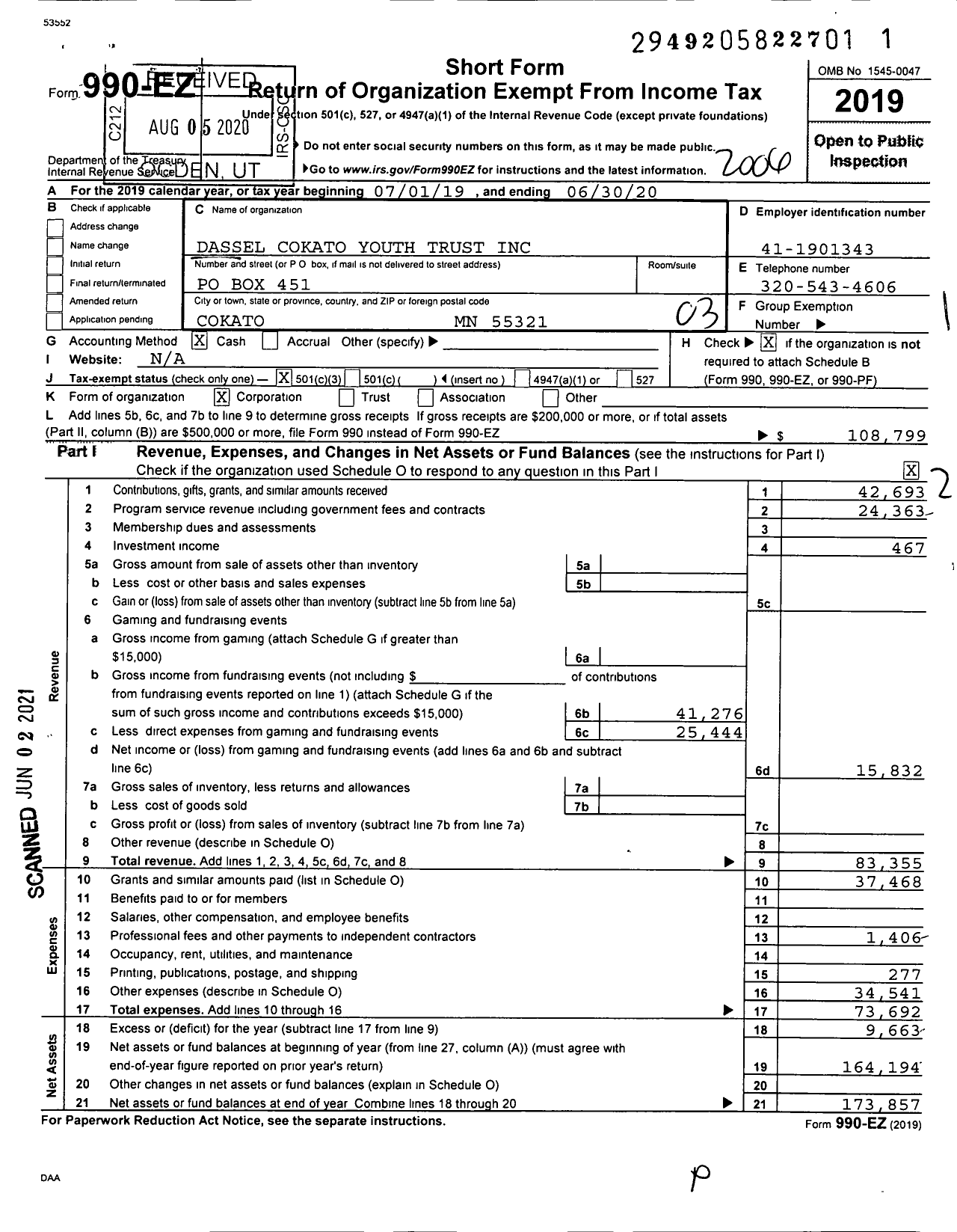 Image of first page of 2019 Form 990EZ for Dassel Cokato Youth Trust