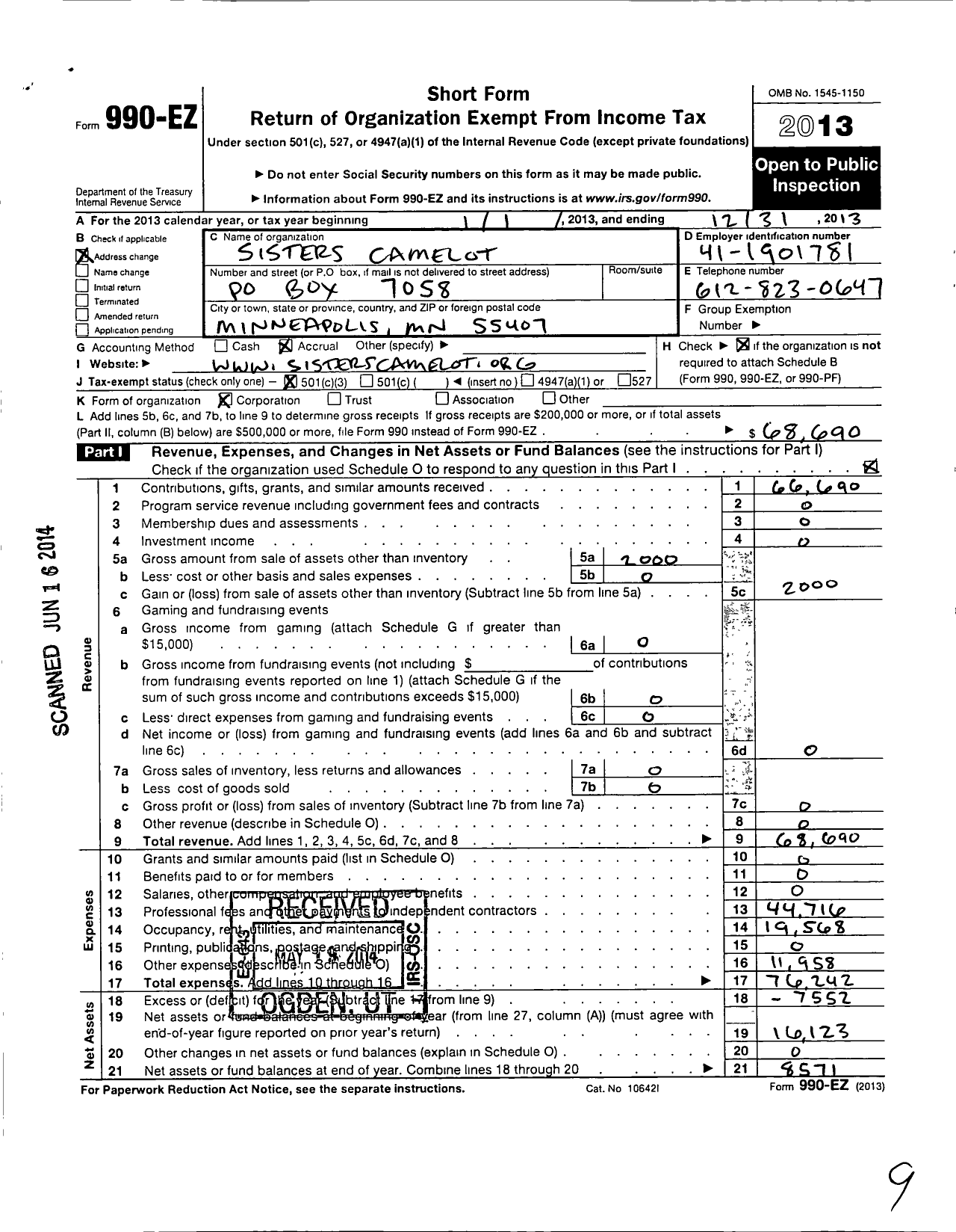 Image of first page of 2013 Form 990EZ for Sisters Camelot