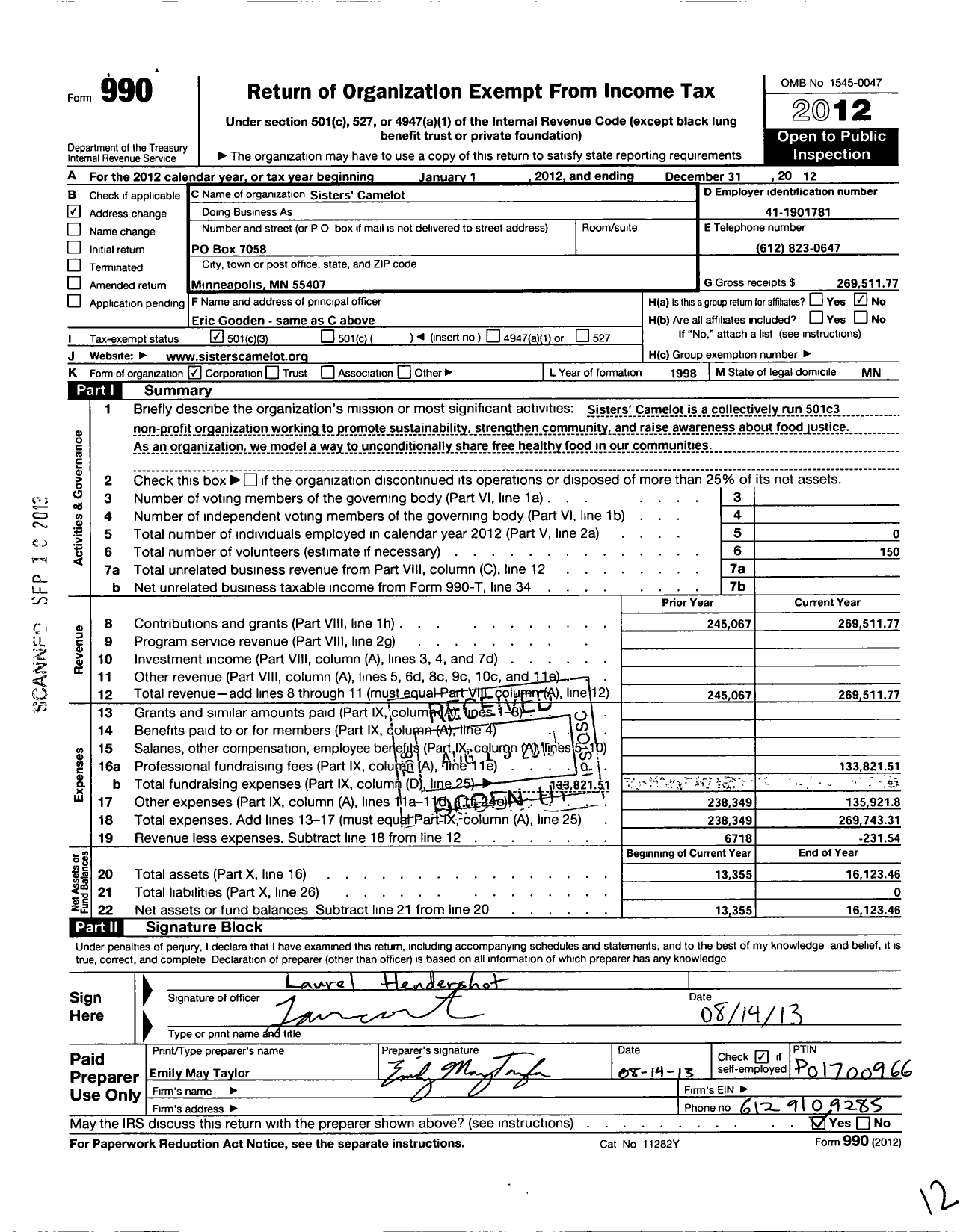 Image of first page of 2012 Form 990 for Sisters Camelot