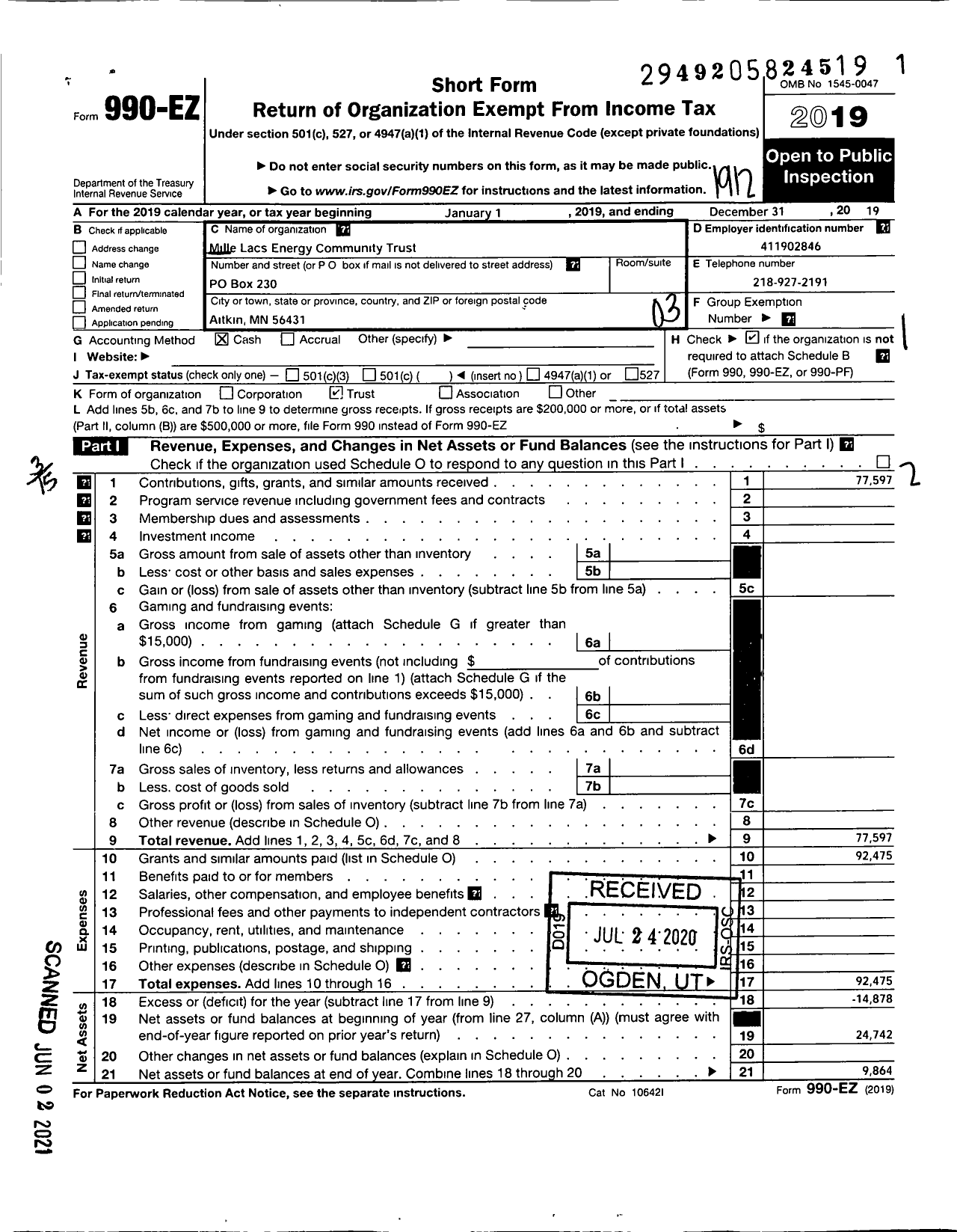 Image of first page of 2019 Form 990EZ for Mille Lacs Energy Community Trust