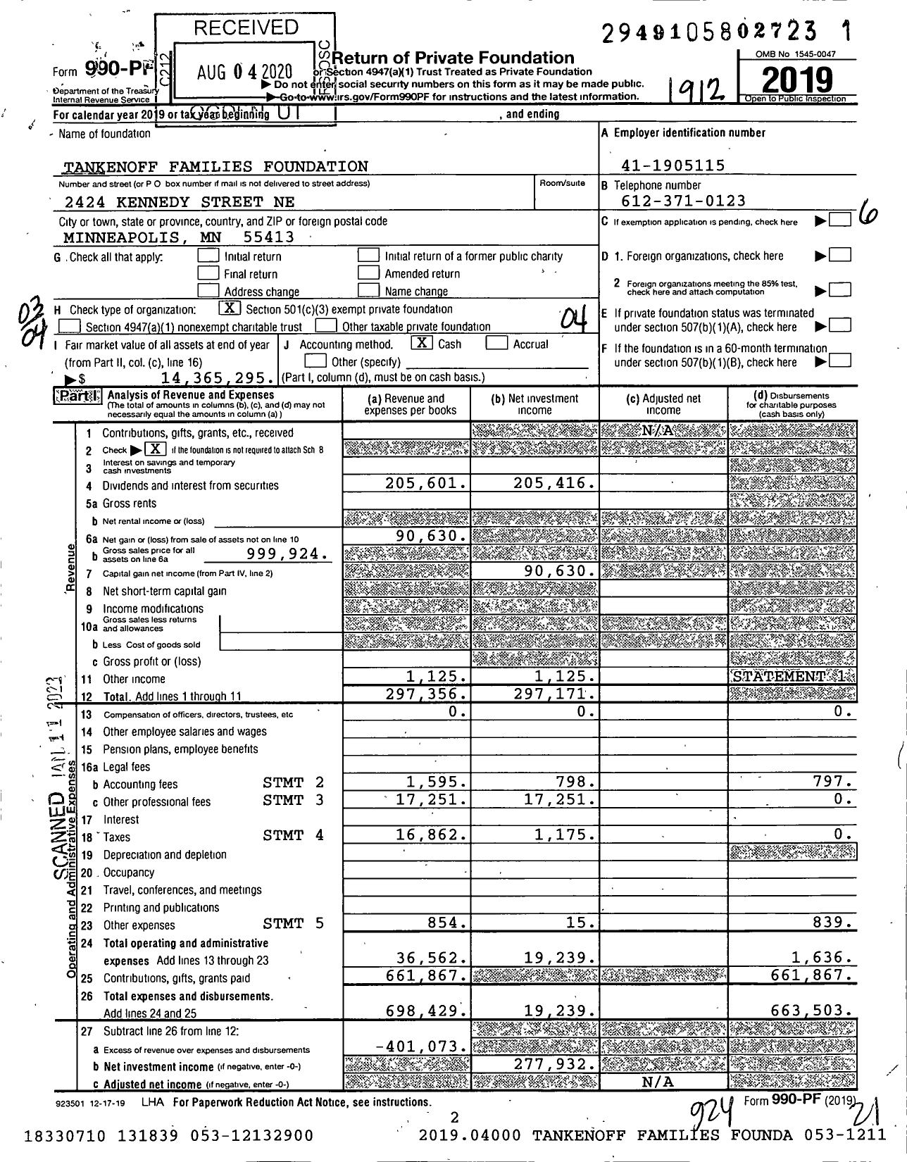 Image of first page of 2019 Form 990PF for Tankenoff Families Foundation