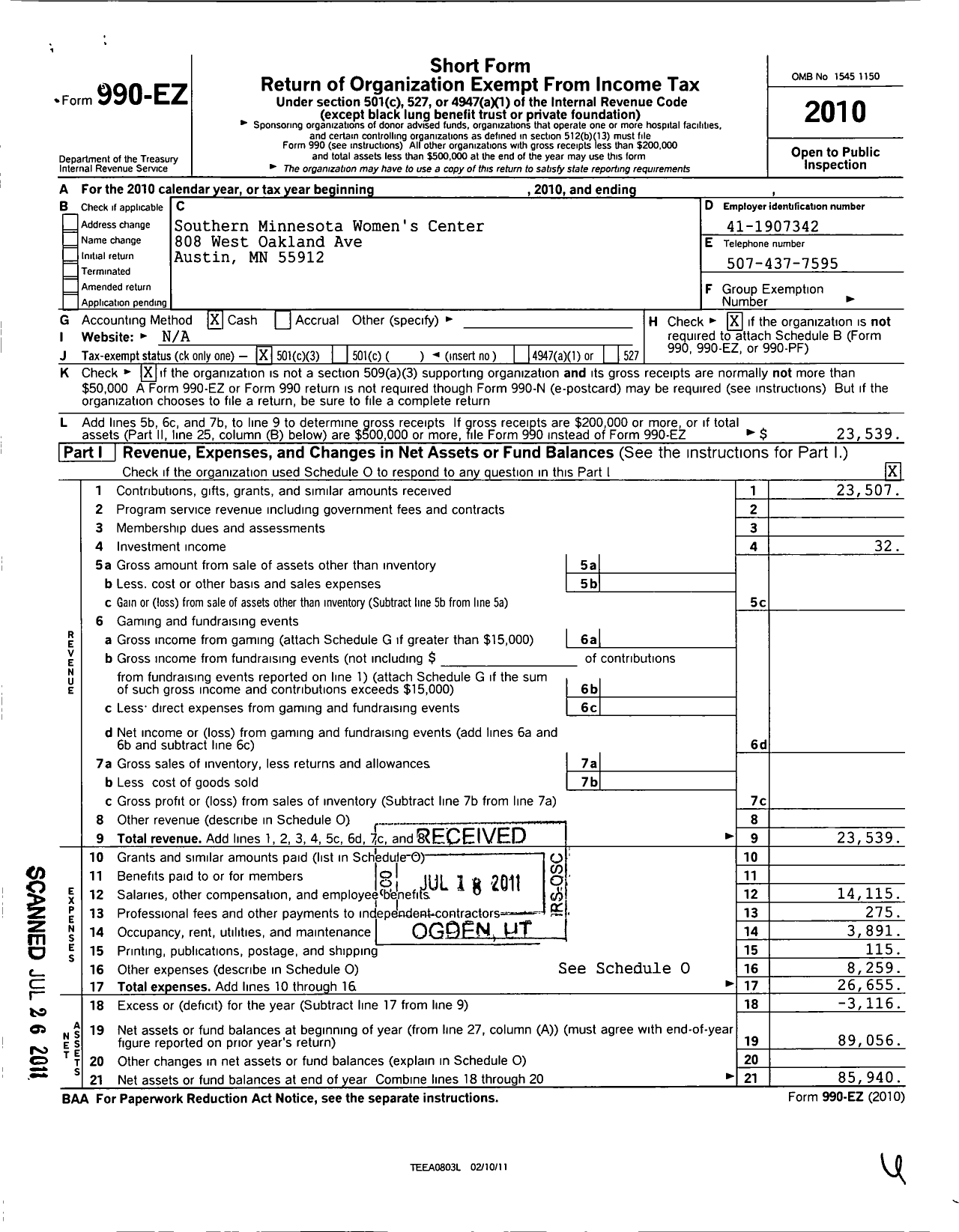 Image of first page of 2010 Form 990EZ for Southern Minnesota Womens Center