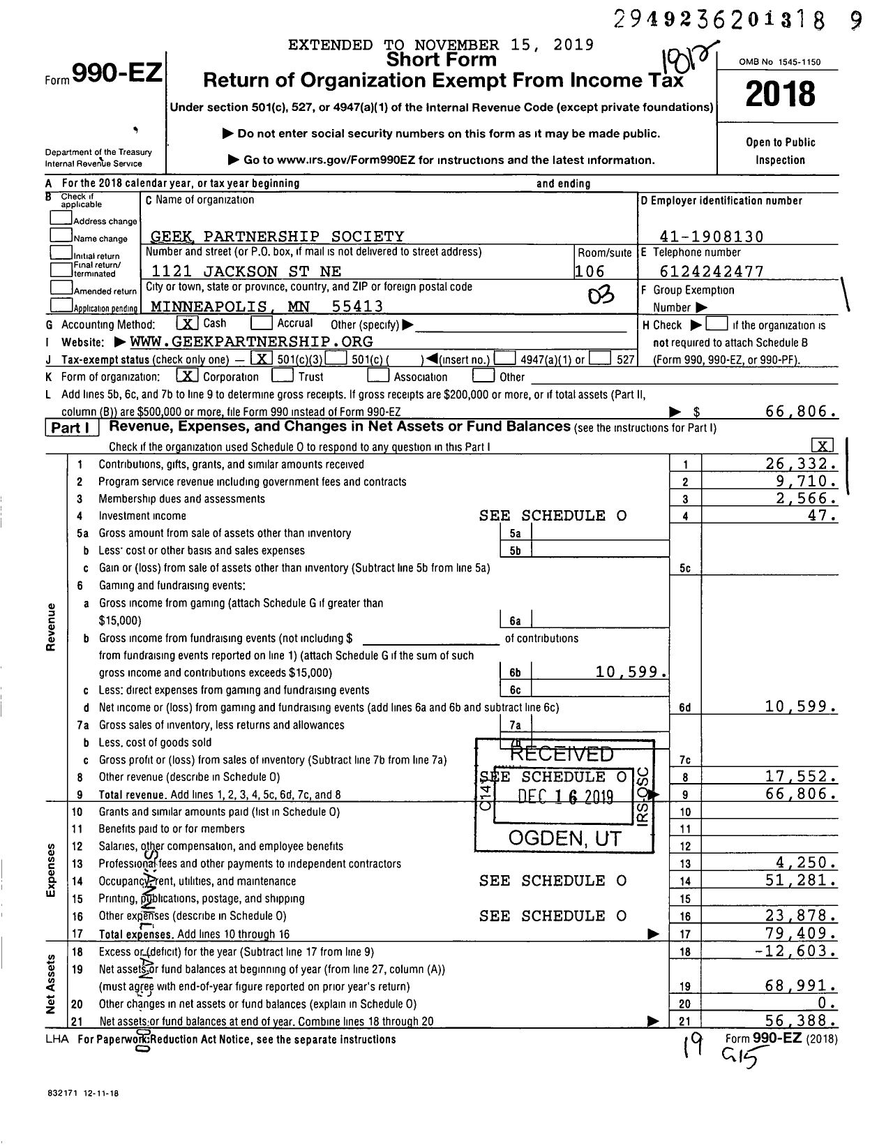 Image of first page of 2018 Form 990EZ for Geek Partnership Society