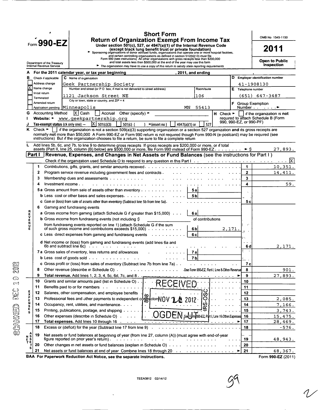 Image of first page of 2011 Form 990EZ for Geek Partnership Society