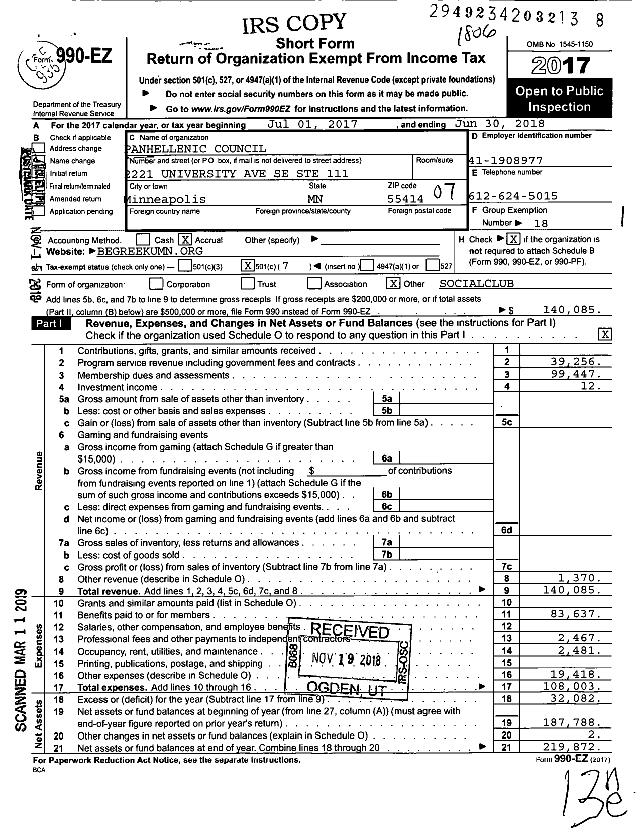 Image of first page of 2017 Form 990EO for Panhellenic Council