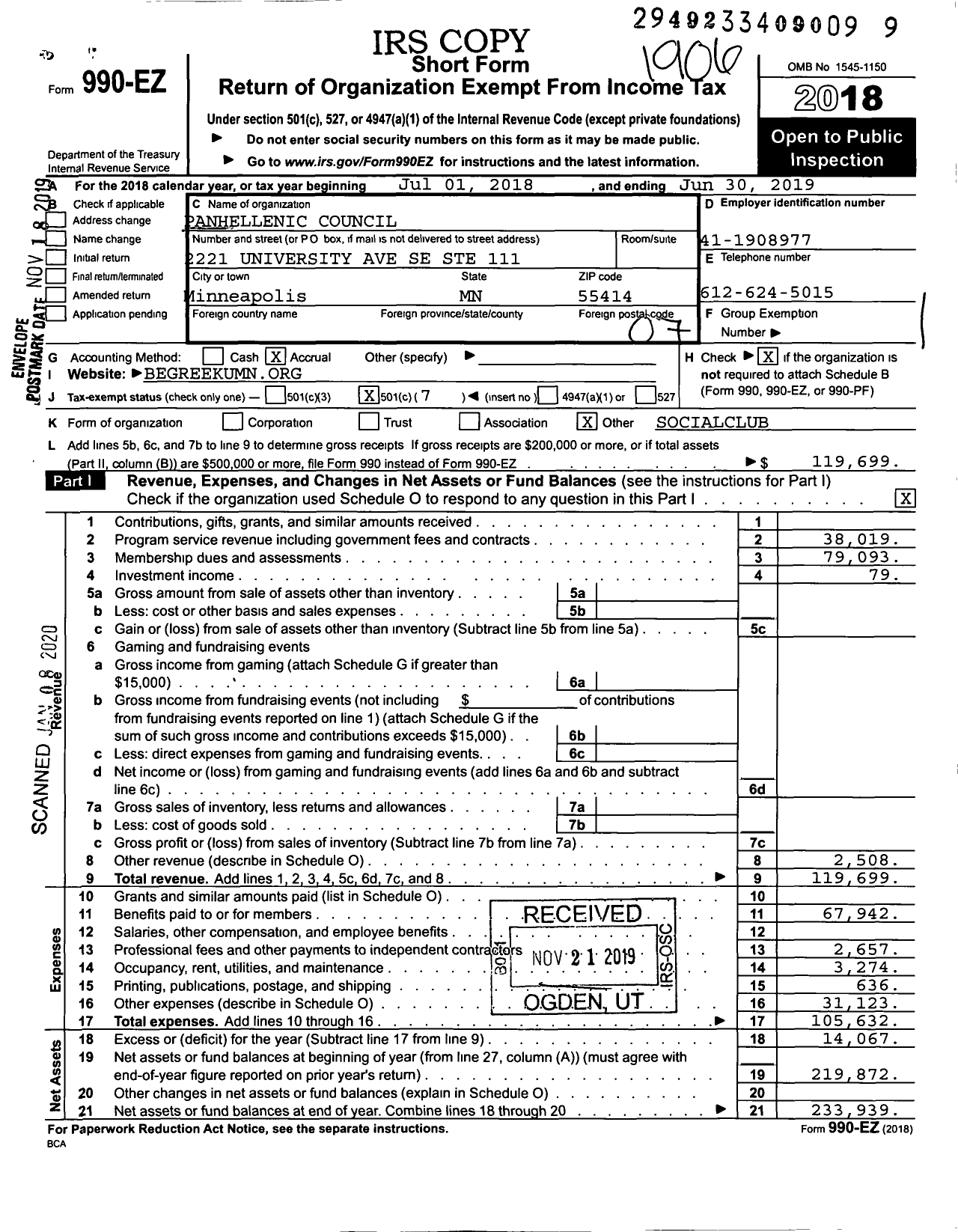 Image of first page of 2018 Form 990EO for Panhellenic Council