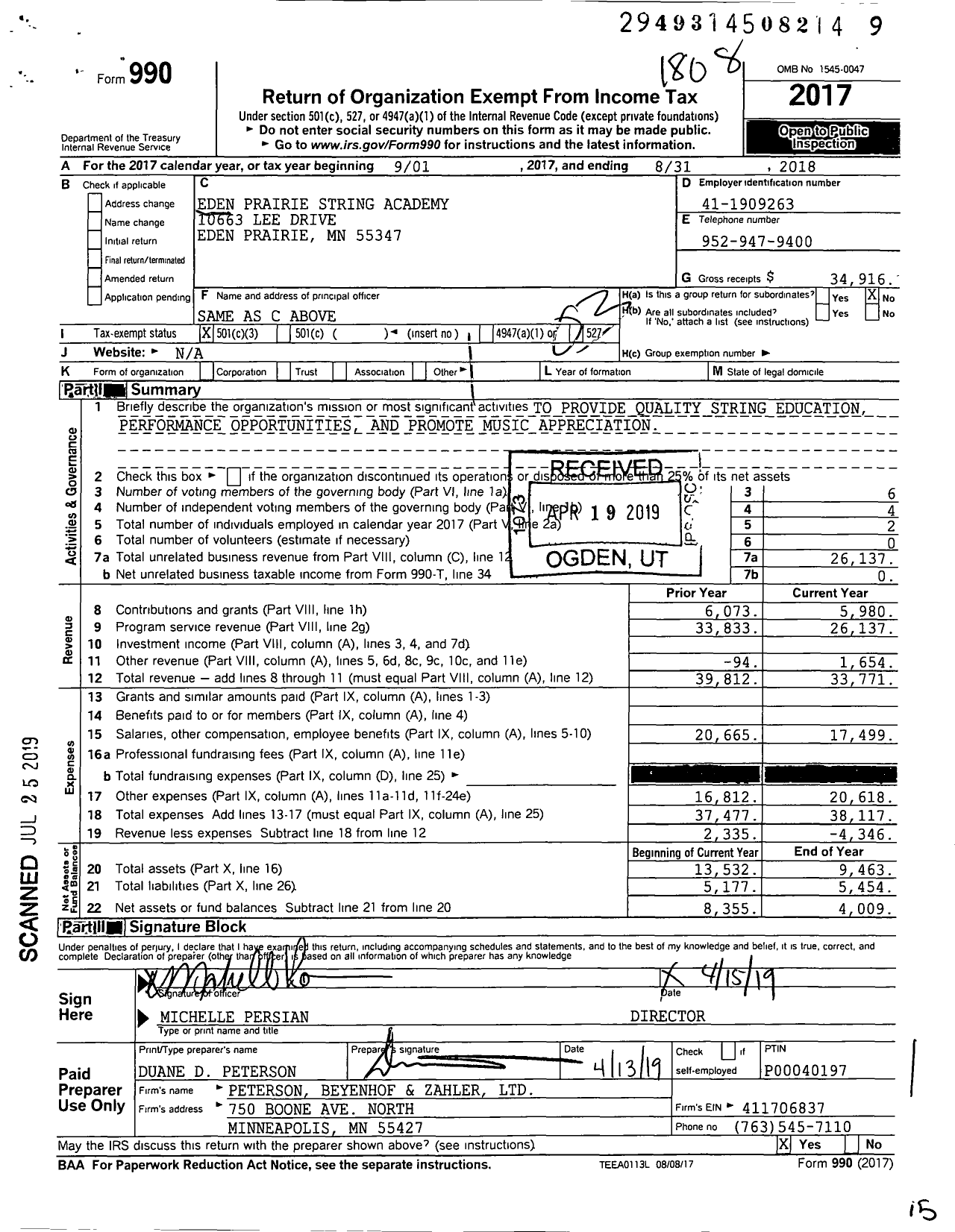 Image of first page of 2017 Form 990 for Eden Prairie String Academy