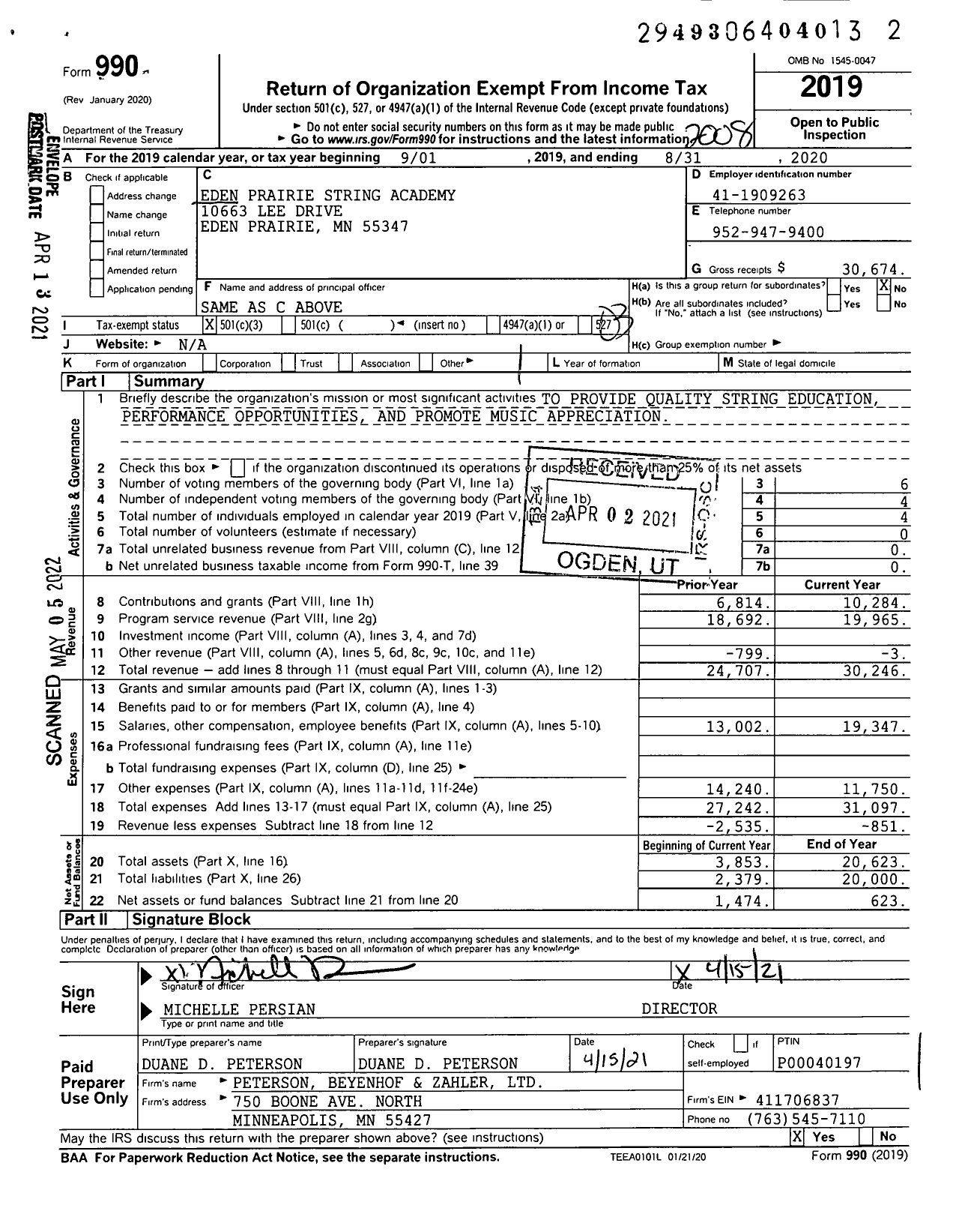 Image of first page of 2019 Form 990 for Eden Prairie String Academy