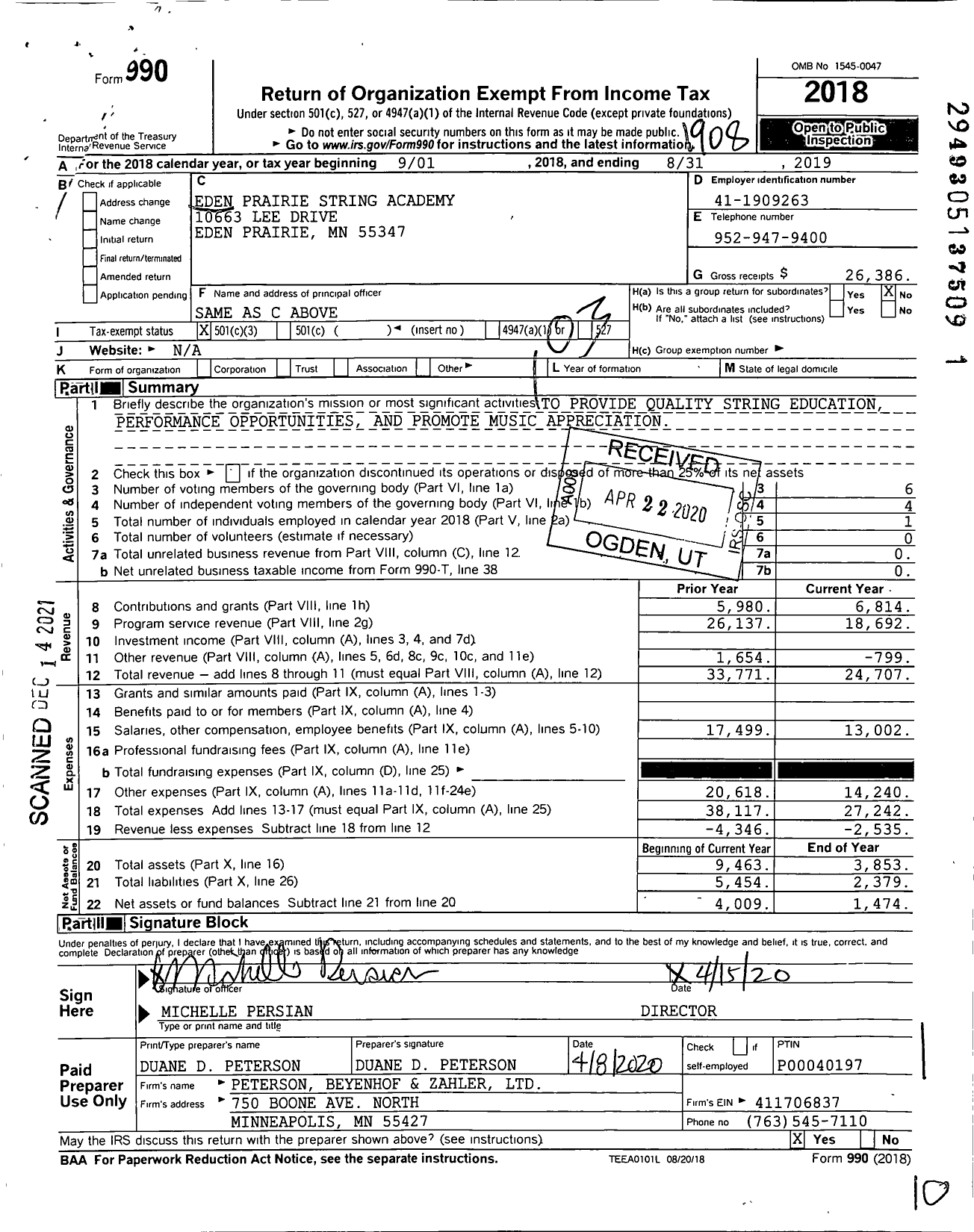 Image of first page of 2018 Form 990 for Eden Prairie String Academy