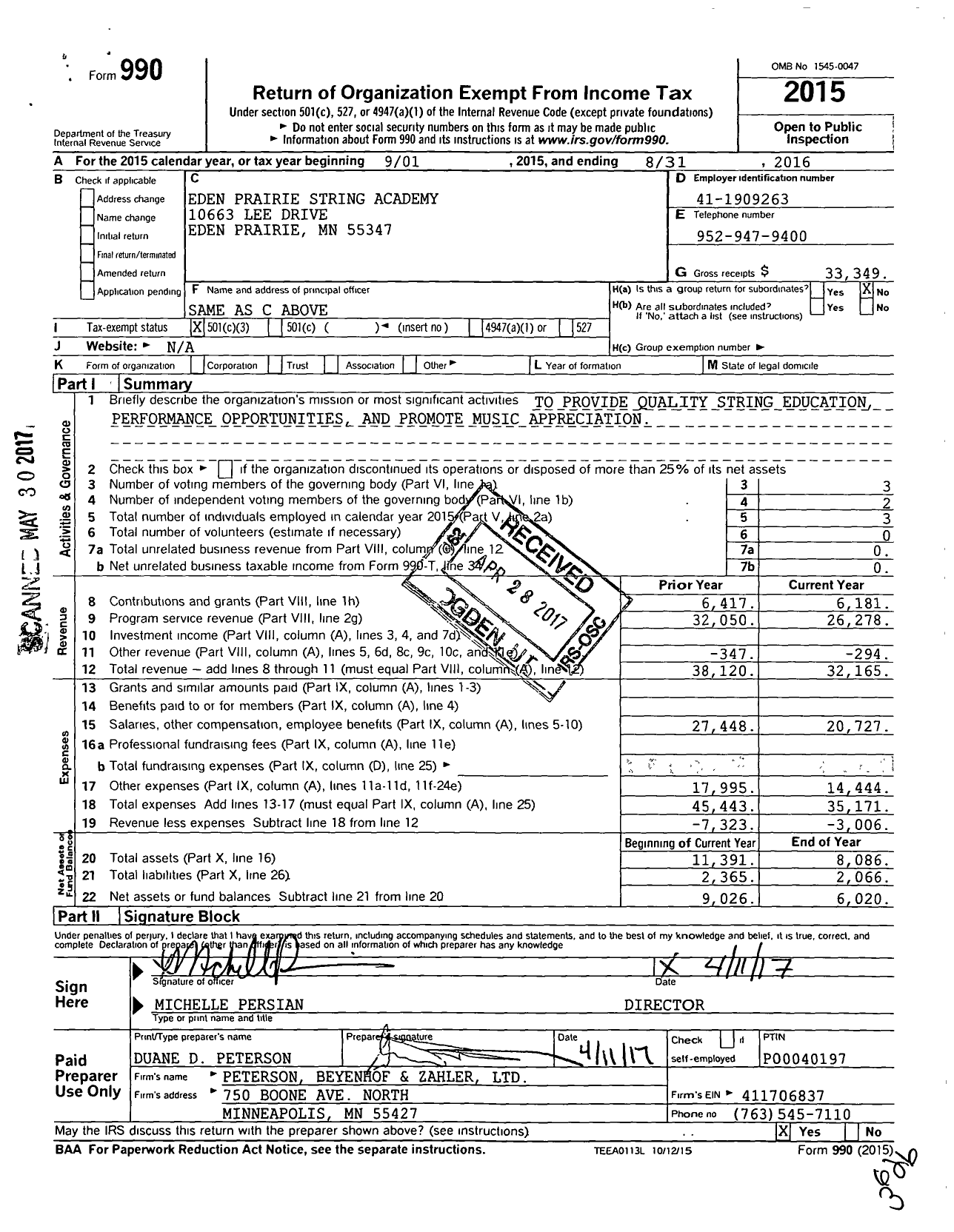 Image of first page of 2015 Form 990 for Eden Prairie String Academy