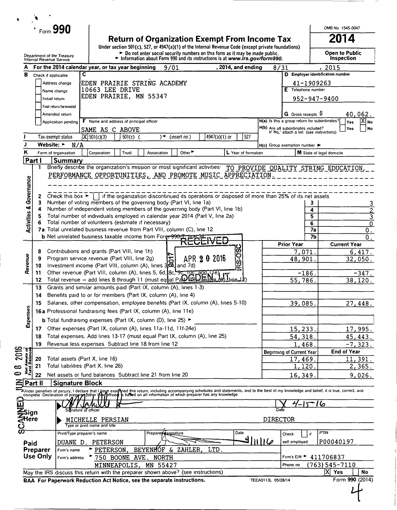 Image of first page of 2014 Form 990 for Eden Prairie String Academy