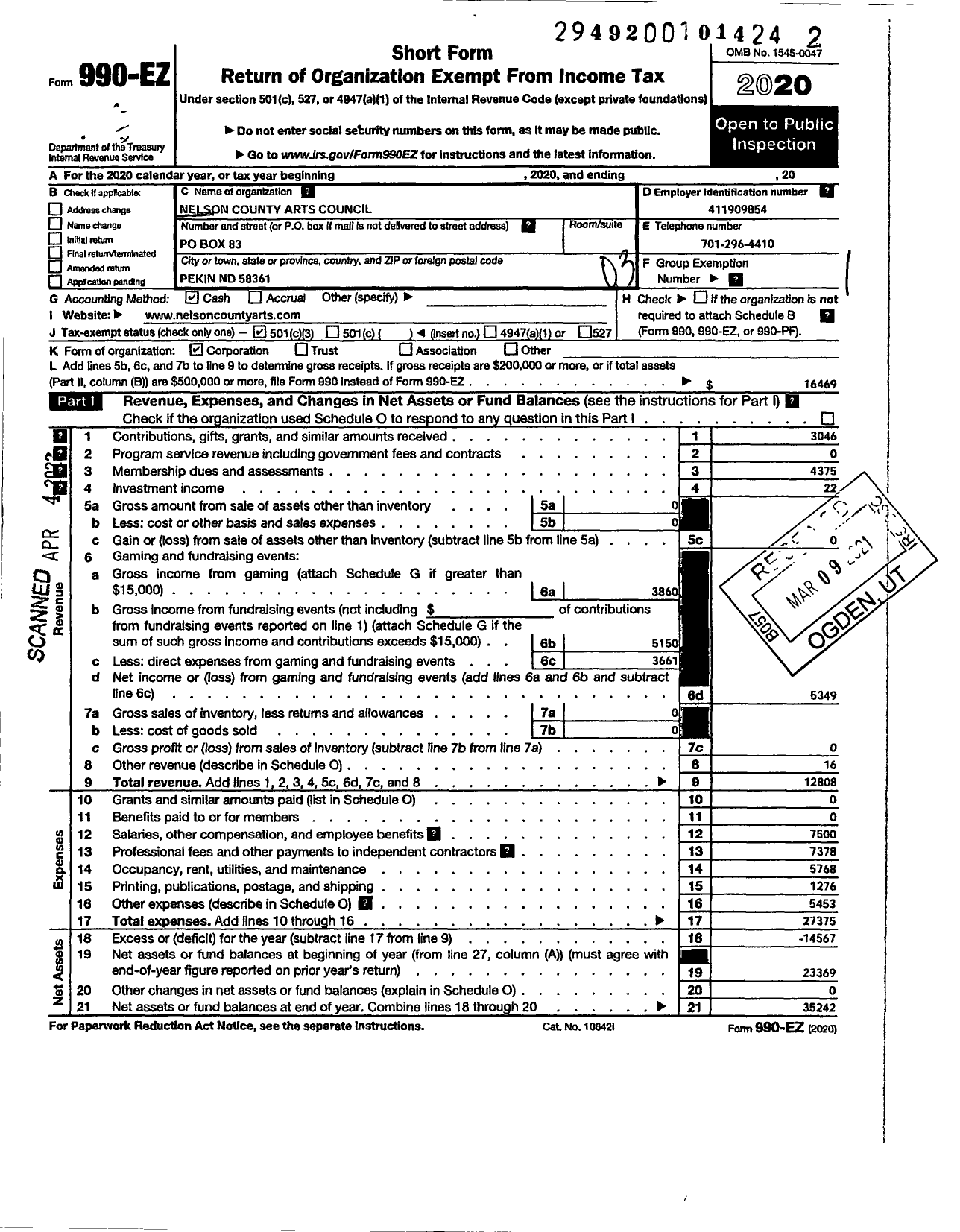 Image of first page of 2020 Form 990EZ for Nelson County Arts Council