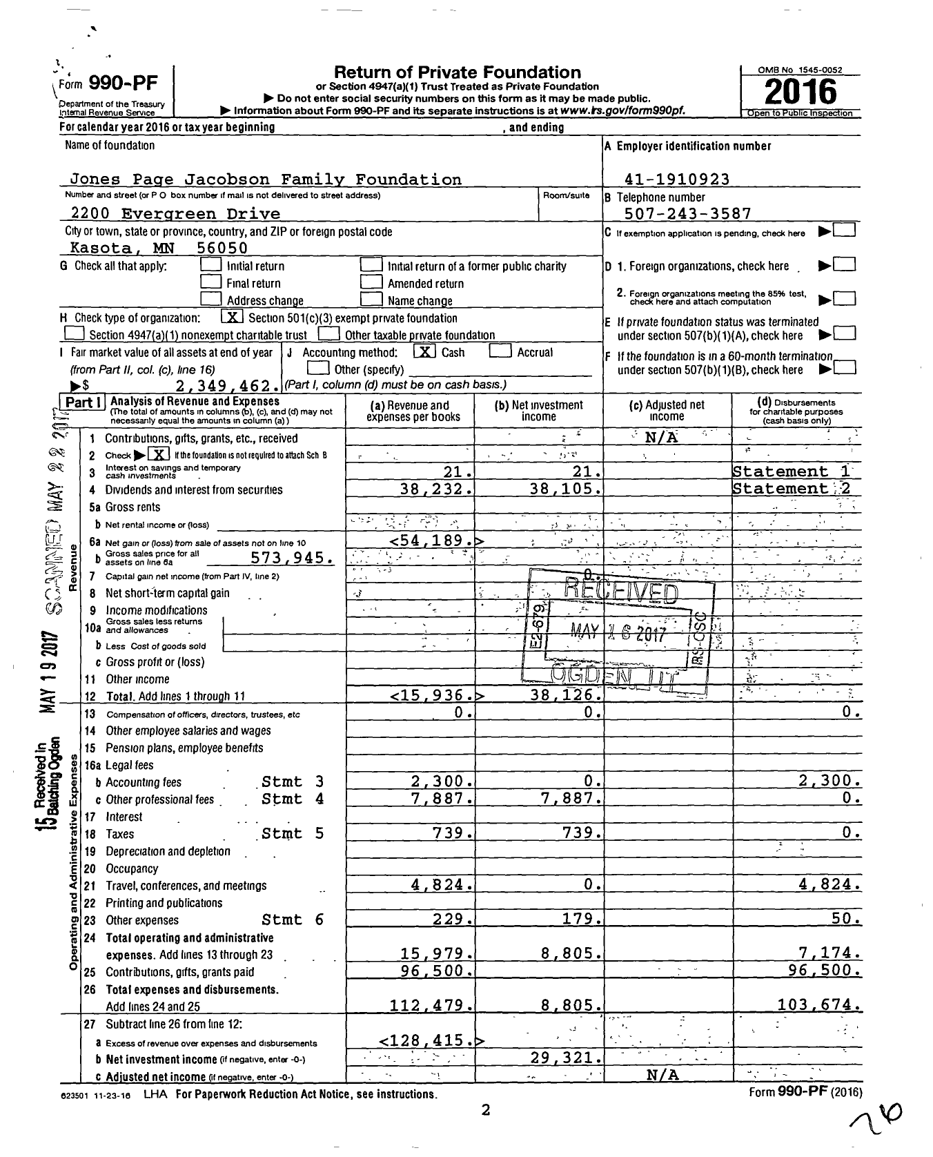 Image of first page of 2016 Form 990PF for Jones Page Jacobson Family Foundation