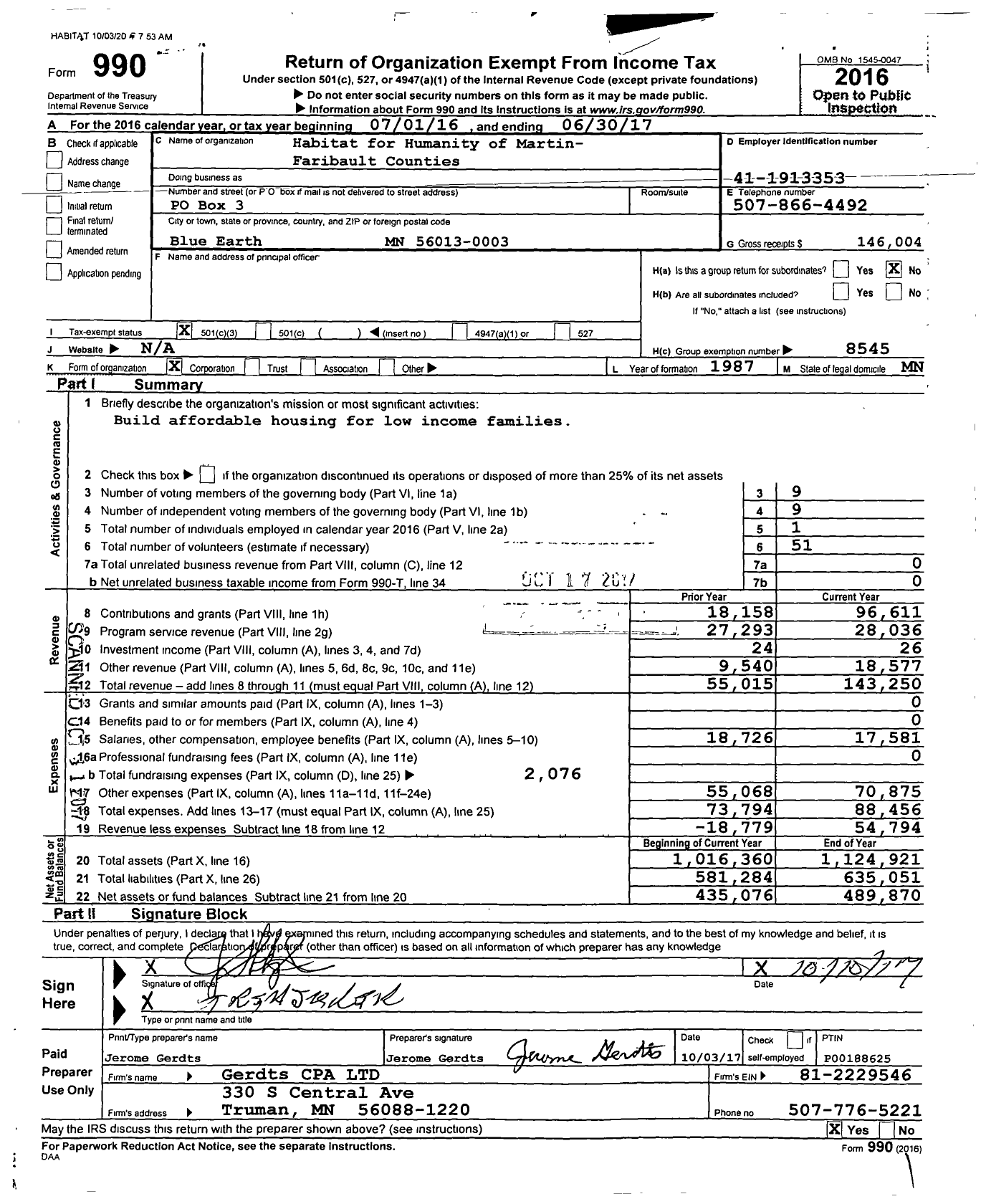Image of first page of 2016 Form 990 for Habitat for Humanity - Martin-Faribault Counties