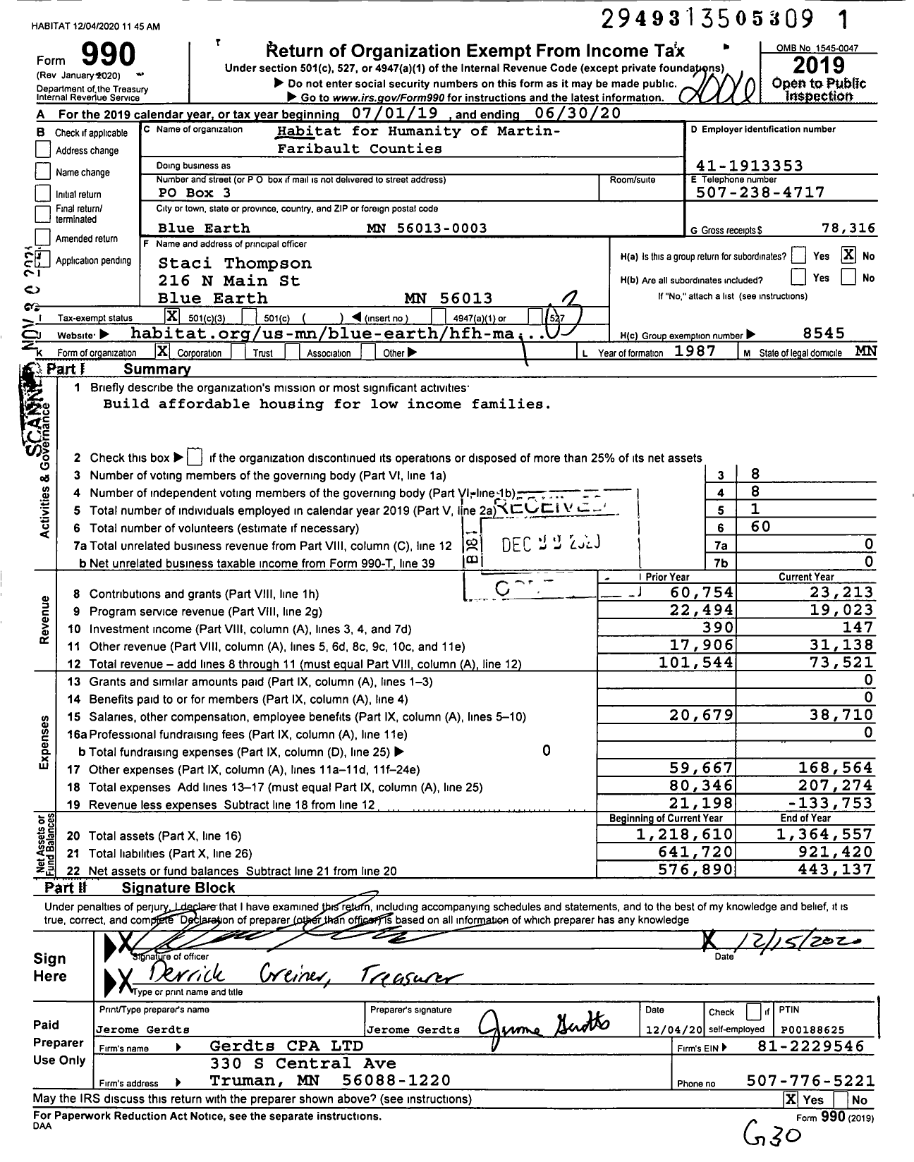 Image of first page of 2019 Form 990 for Habitat for Humanity - Martin-Faribault Counties