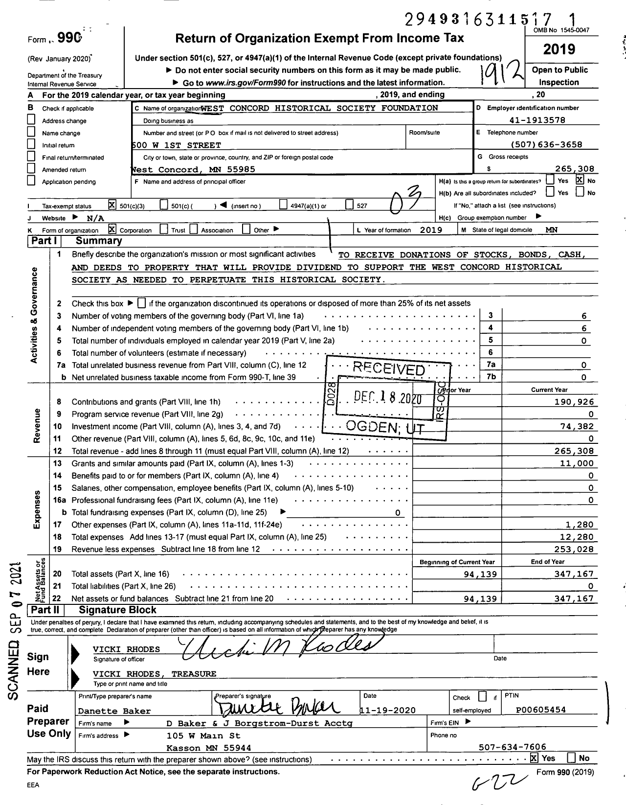 Image of first page of 2019 Form 990 for West Concord Historical Society Foundation