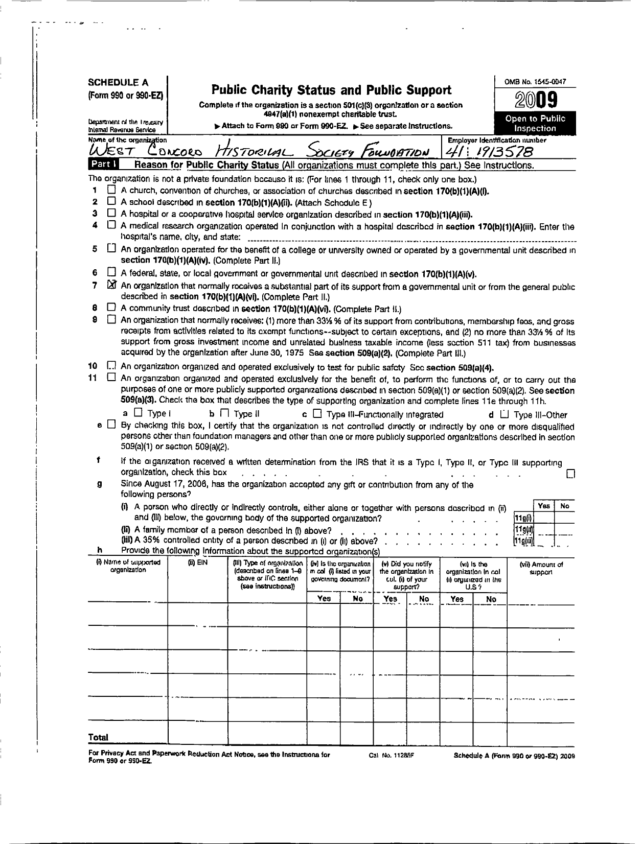 Image of first page of 2009 Form 990ER for West Concord Historical Society Foundation