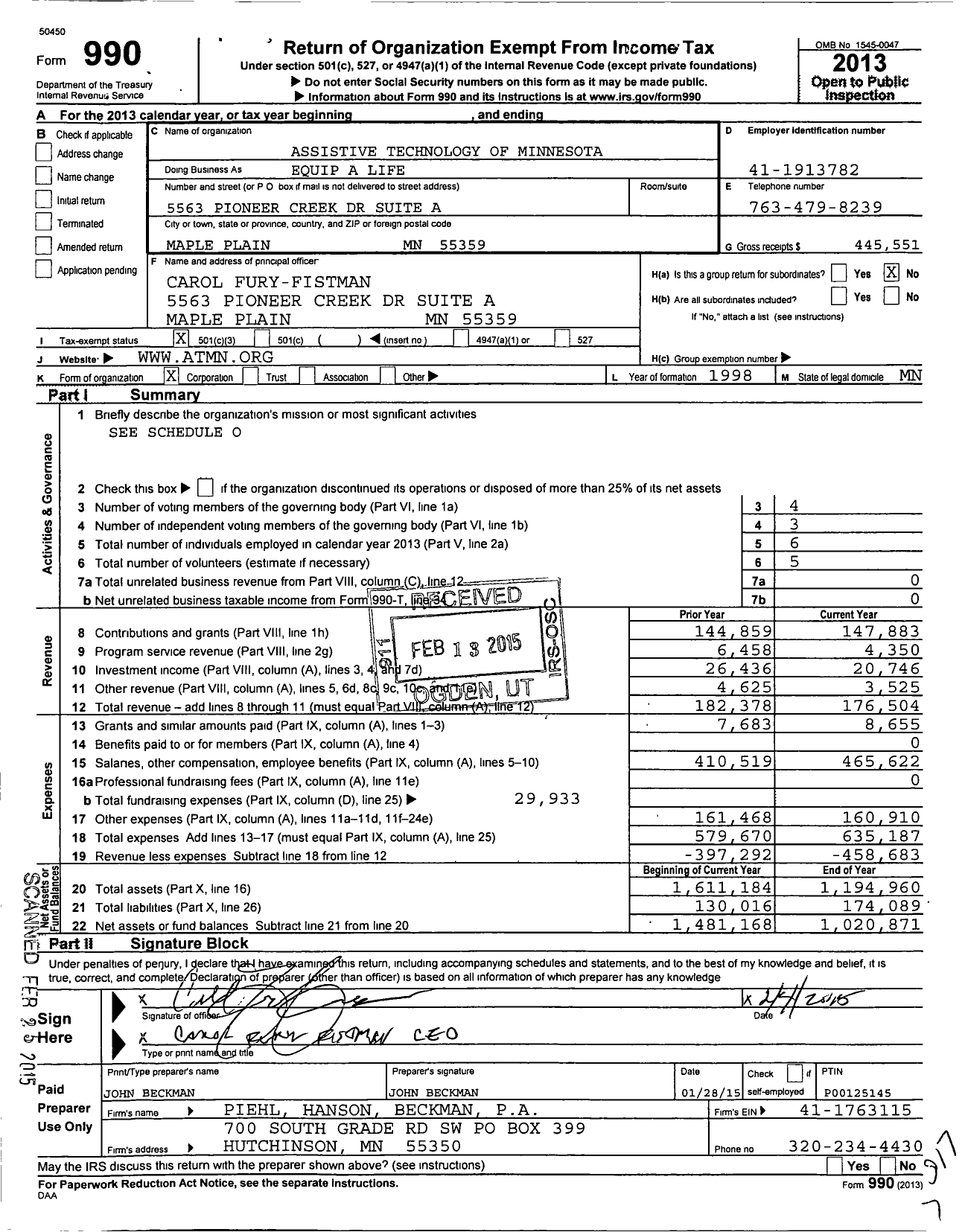 Image of first page of 2013 Form 990 for Assistive Technology of Minnesota