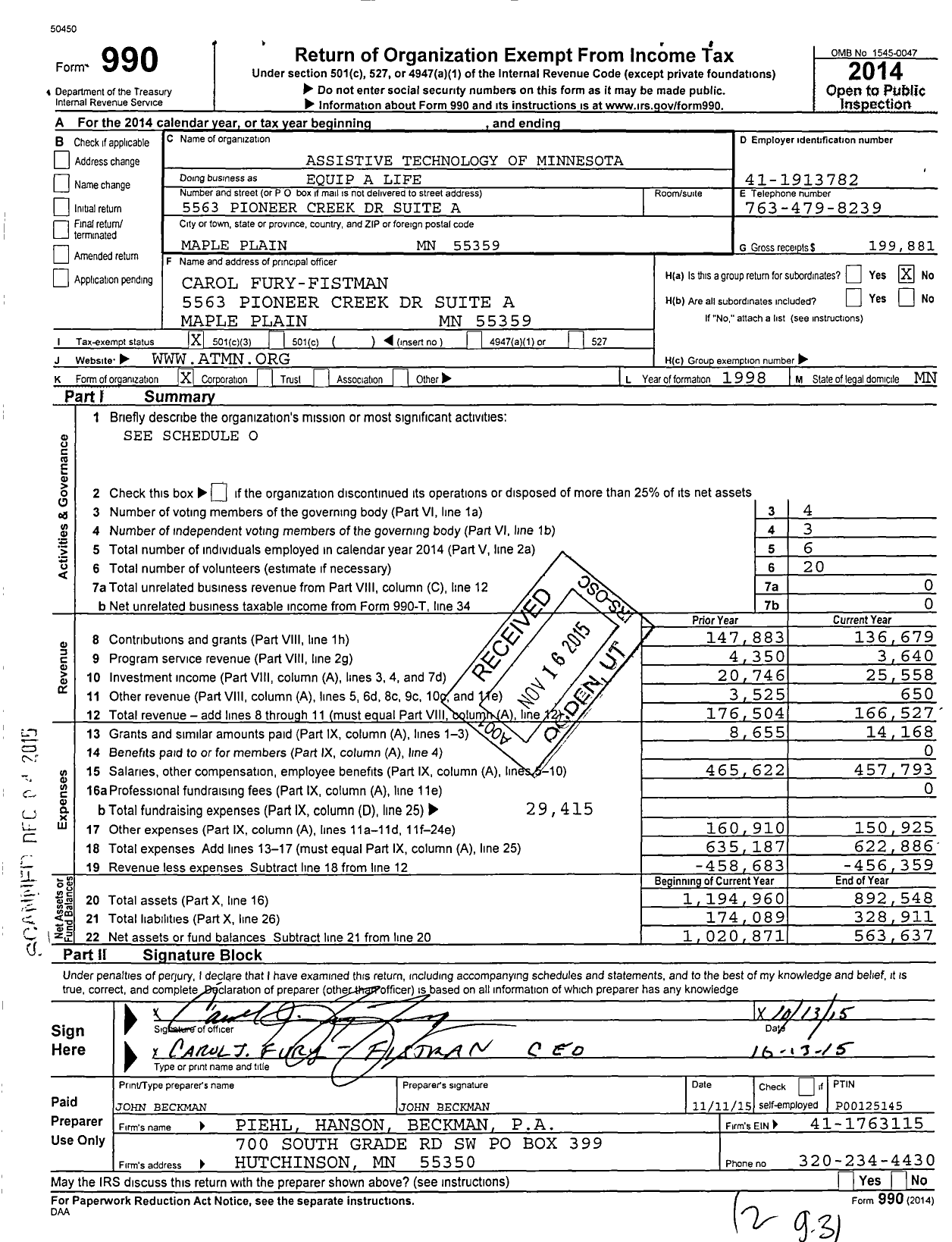 Image of first page of 2014 Form 990 for Assistive Technology of Minnesota