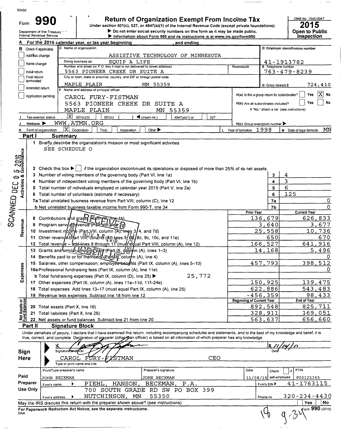 Image of first page of 2015 Form 990 for Assistive Technology of Minnesota