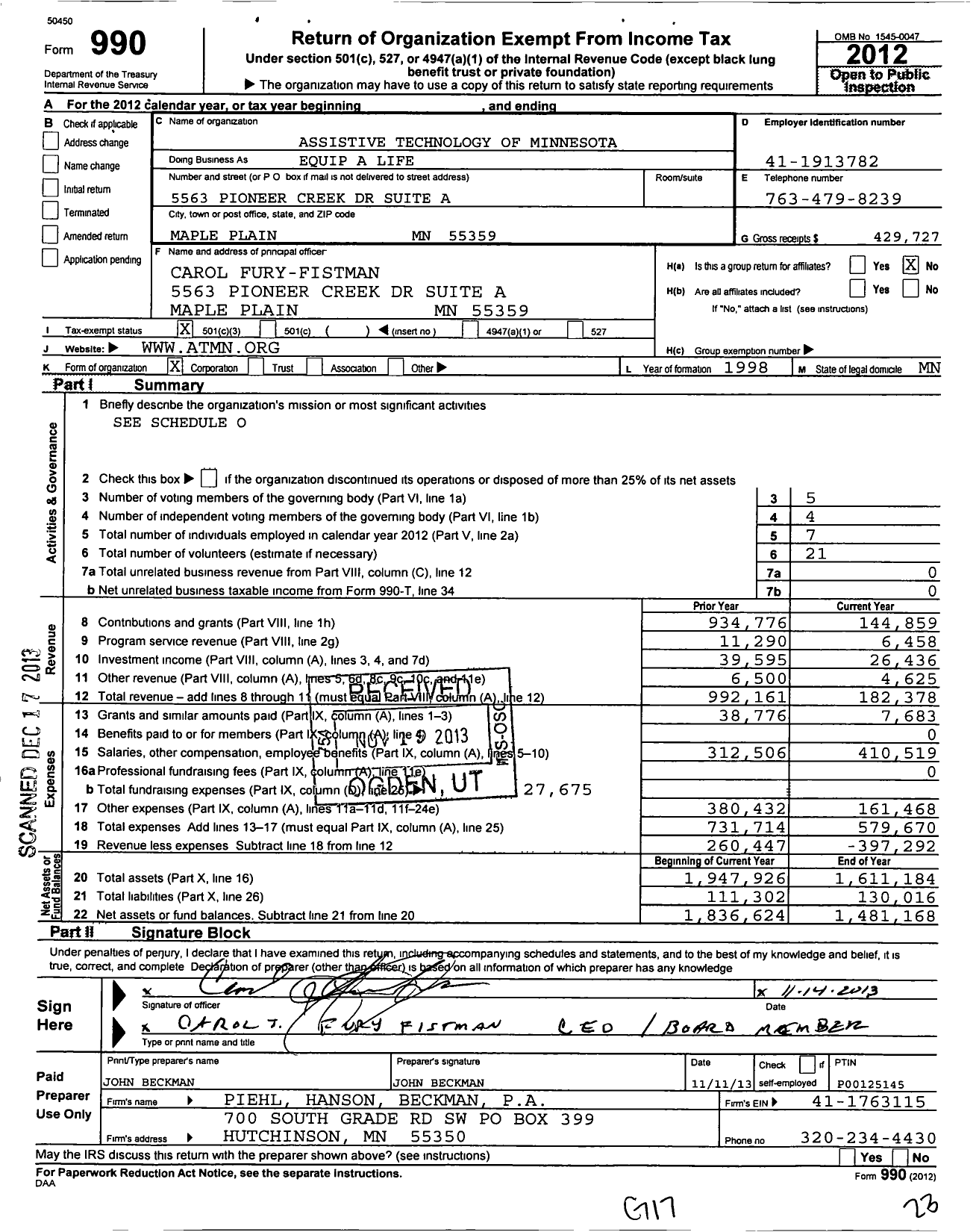 Image of first page of 2012 Form 990 for Assistive Technology of Minnesota