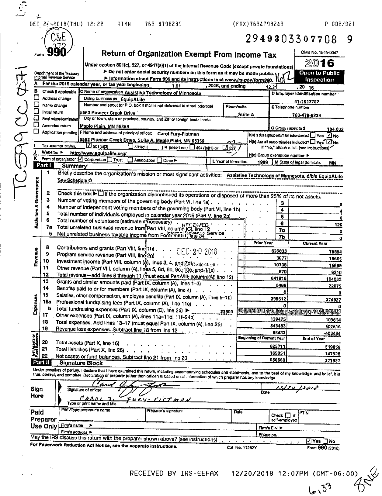 Image of first page of 2016 Form 990 for Assistive Technology of Minnesota