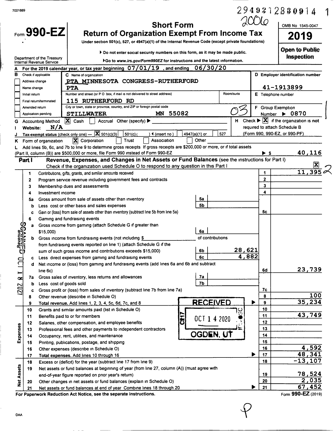 Image of first page of 2019 Form 990EZ for Rutherford Pta (Rutherford Pta)