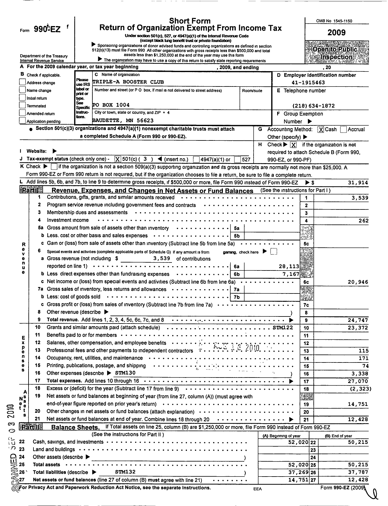Image of first page of 2009 Form 990EZ for Triple-A Booster Club