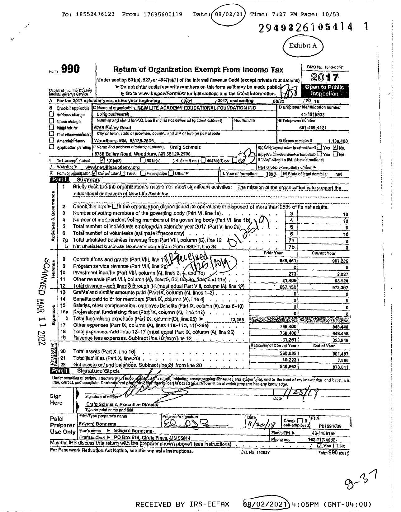 Image of first page of 2017 Form 990 for New Life Academy Educational Foundation