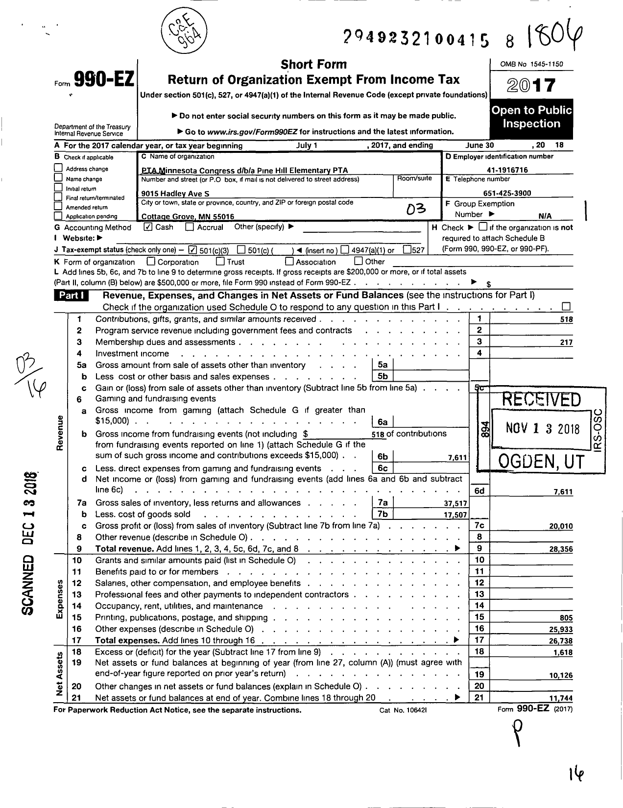 Image of first page of 2017 Form 990EZ for Pine Hill PTA