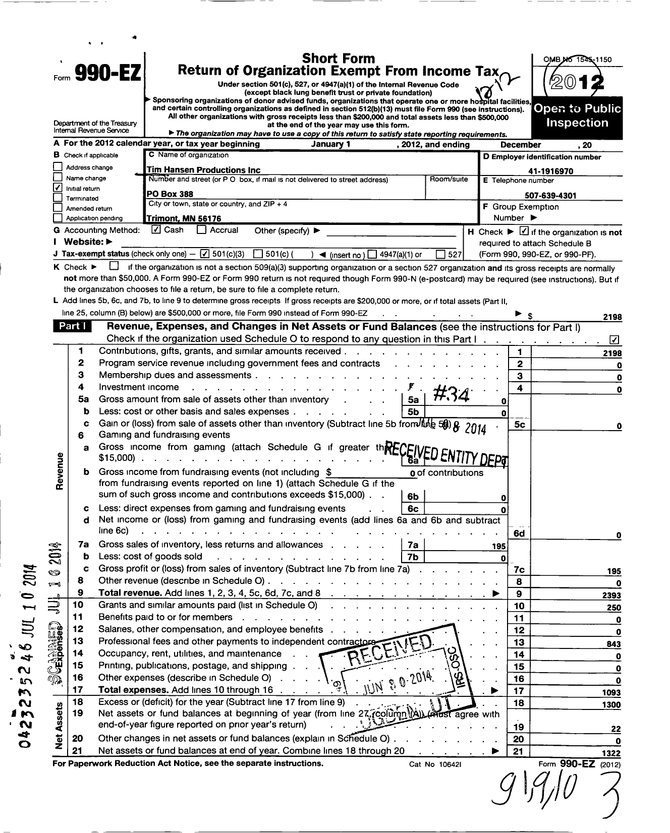 Image of first page of 2012 Form 990EZ for Tim Hansen Productions