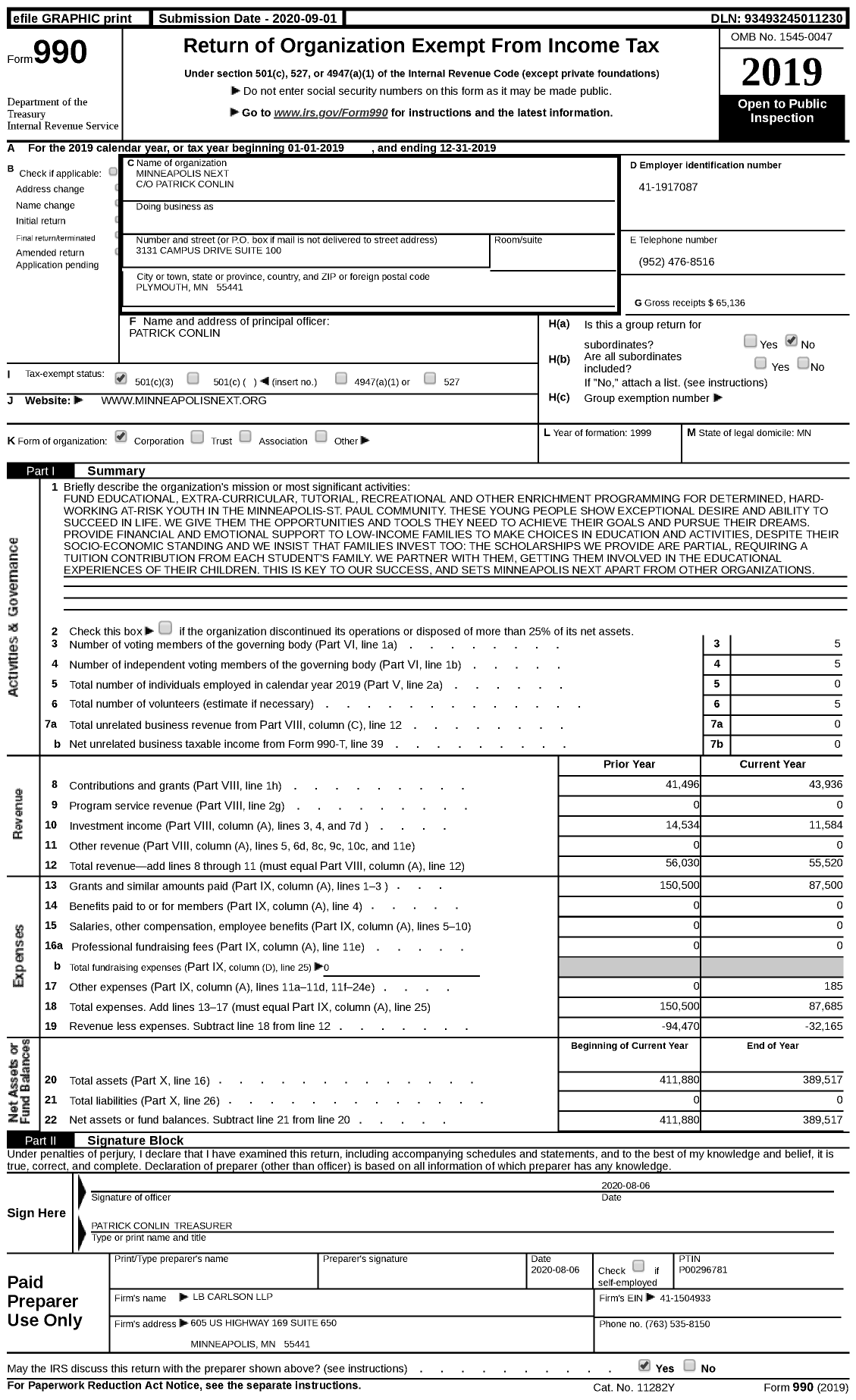 Image of first page of 2019 Form 990 for Minneapolis Next