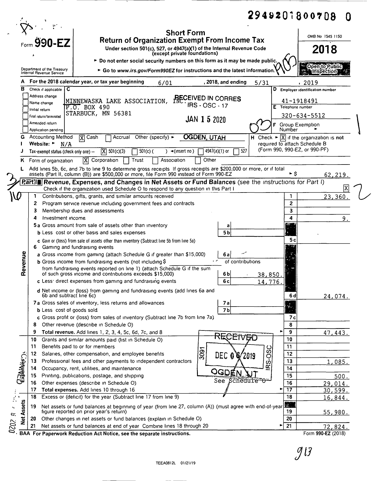 Image of first page of 2018 Form 990EZ for Minnewaska Lake Association
