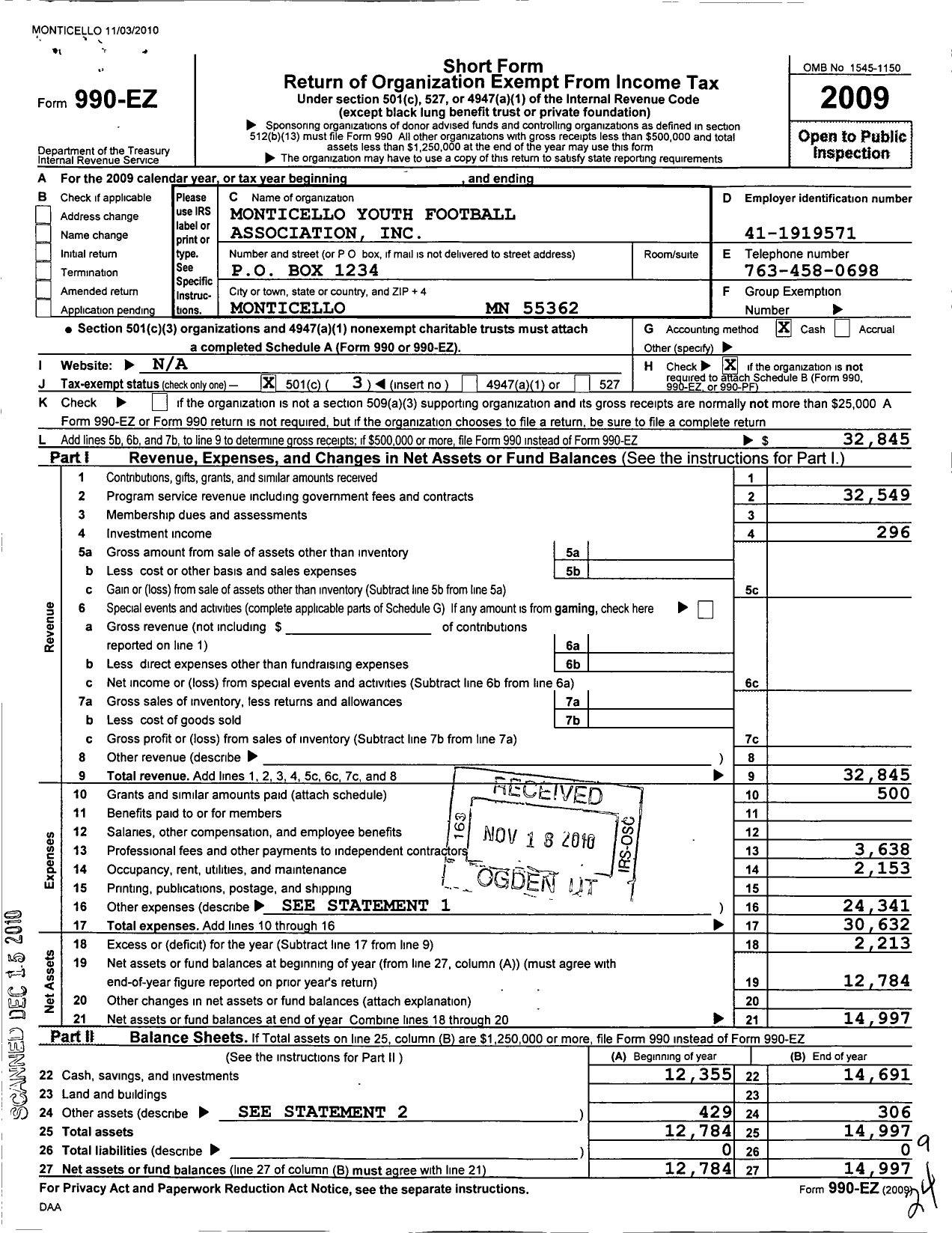 Image of first page of 2009 Form 990EZ for Monticello Youth Football Association