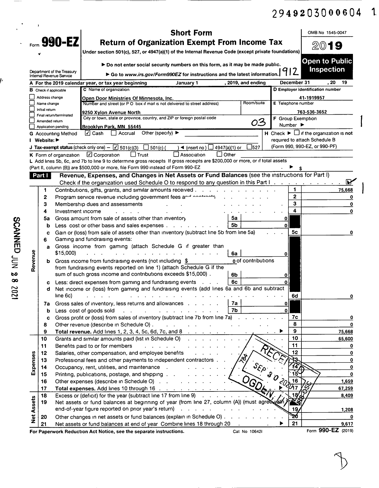 Image of first page of 2019 Form 990EZ for Open Door Ministries of Minnesota