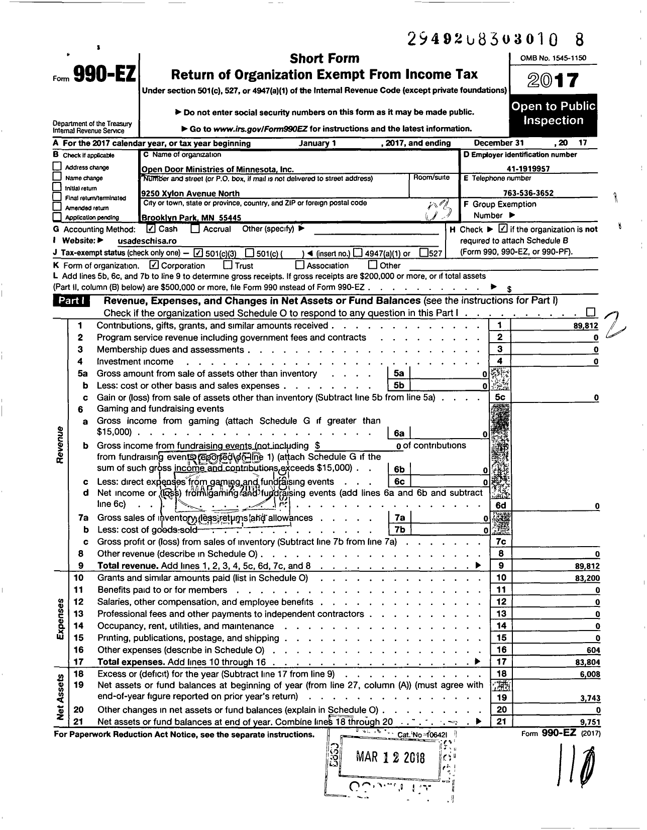 Image of first page of 2017 Form 990EZ for Open Door Ministries of Minnesota