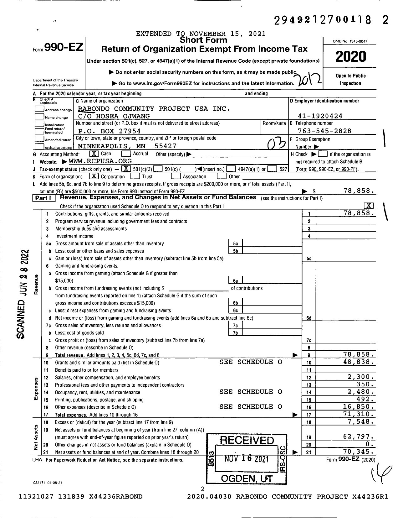 Image of first page of 2020 Form 990EZ for Rabondo Community Project USA